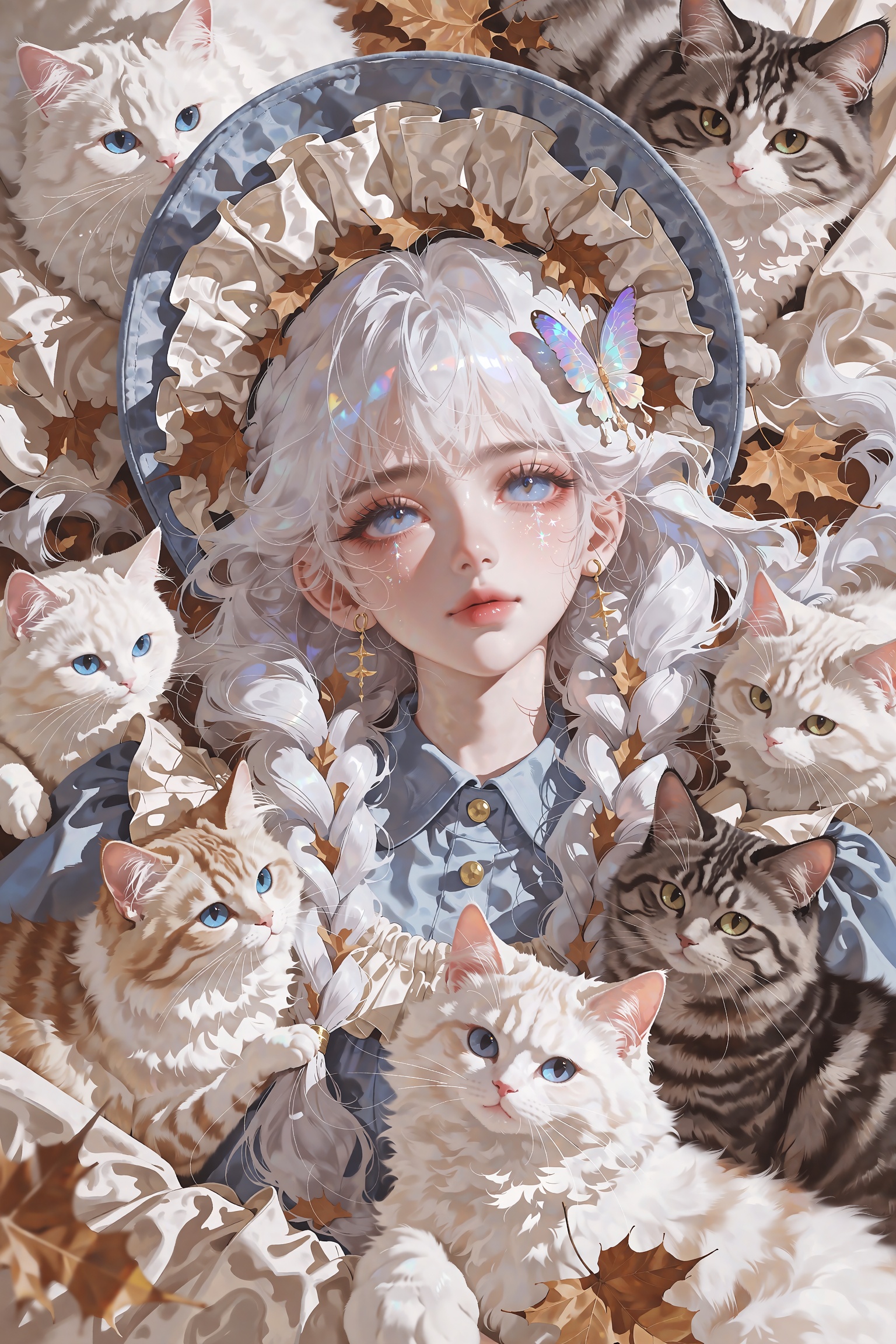 A breathtaking top-down aerial portrait of a serene girl with long flowing silver-white hair styled in two thick braids,...