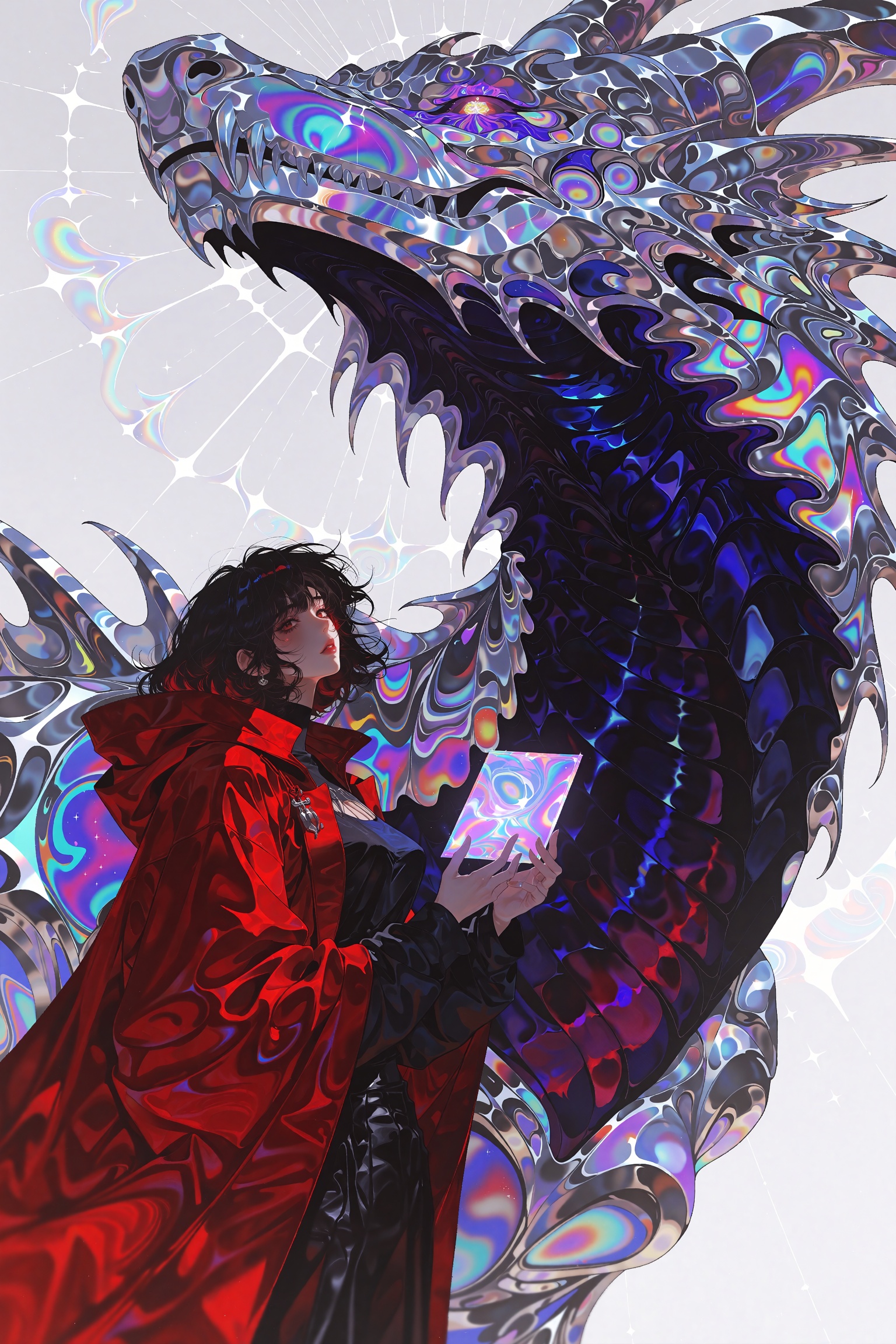 Psychedelic anime scene,  lone figure draped in a flowing red cloak standing beside a massive fantastical dragon-like crea...