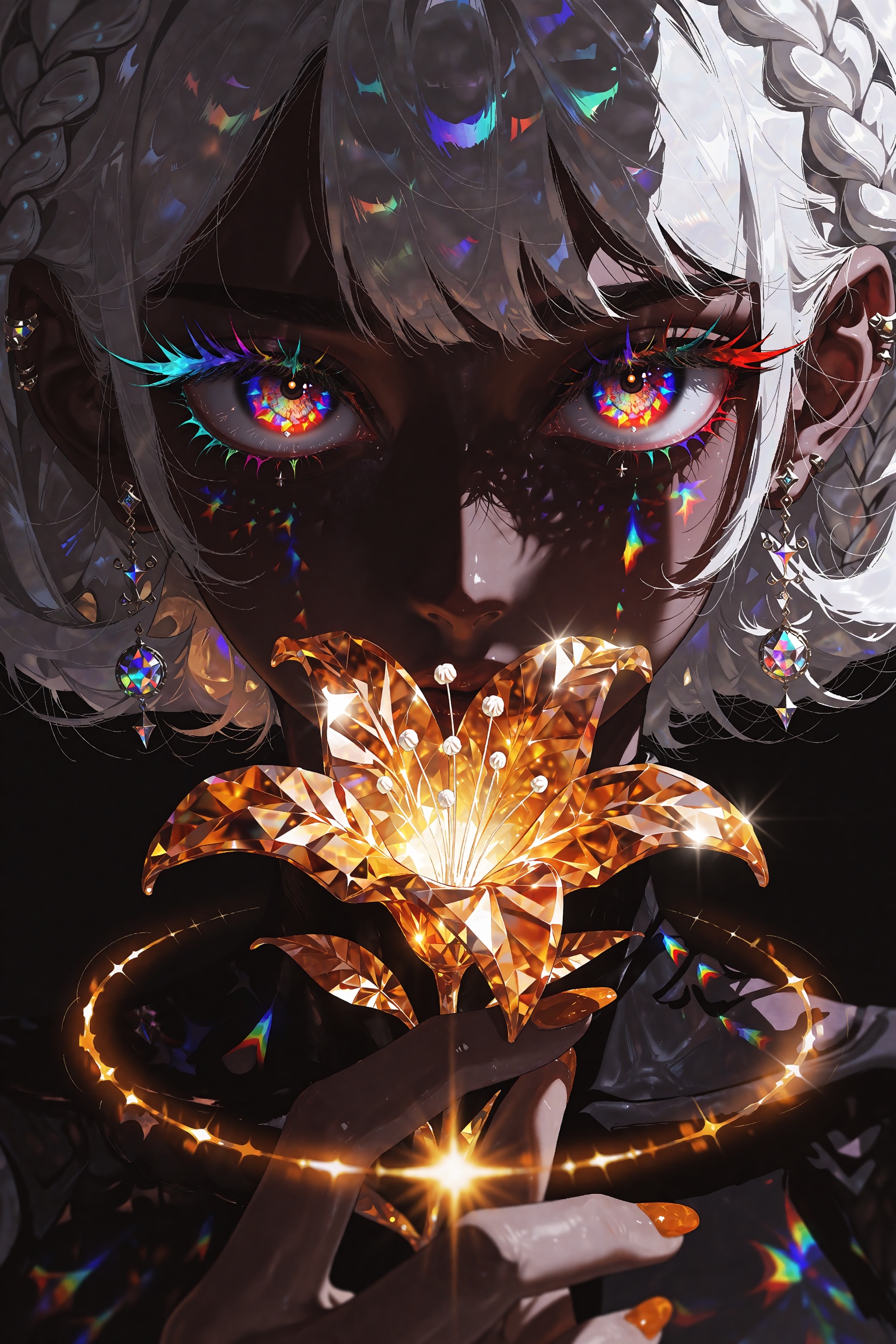 An extreme close-up anime portrait of a mysterious girl with short silver-white hair and side braids,  her face cast in de...