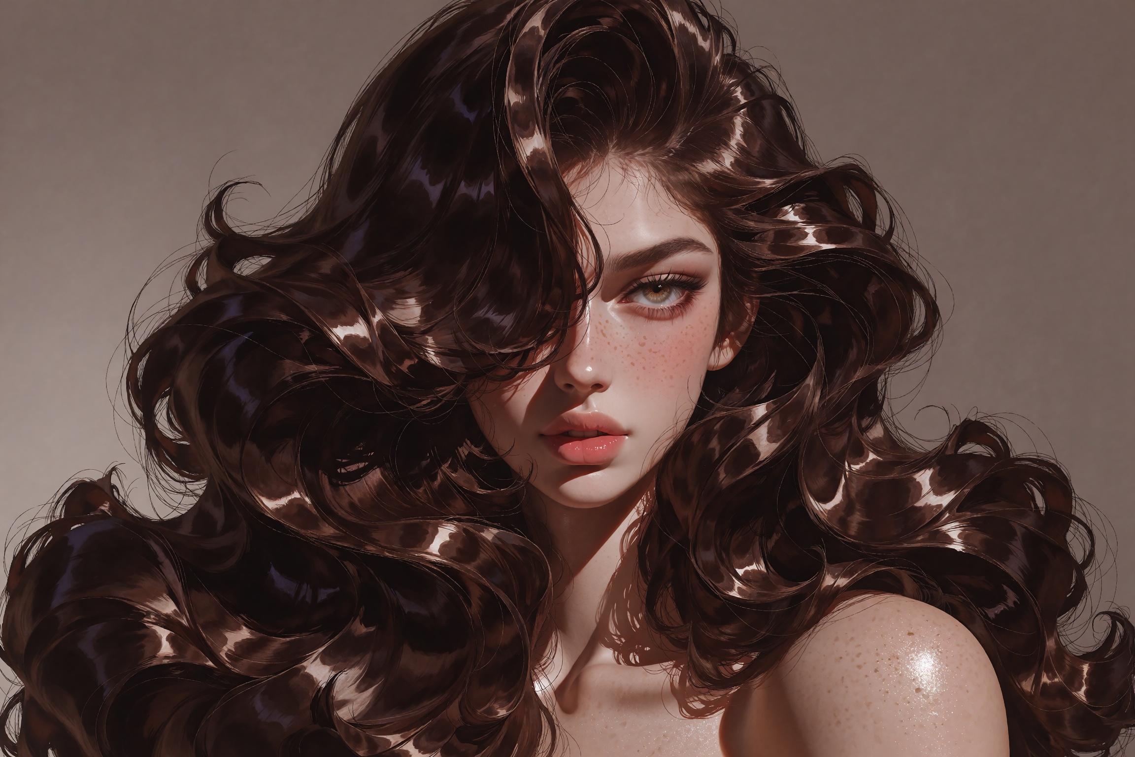 A close-up beauty portrait of a woman enveloped in extraordinarily voluminous,  glossy chocolate-brown hair with massive c...