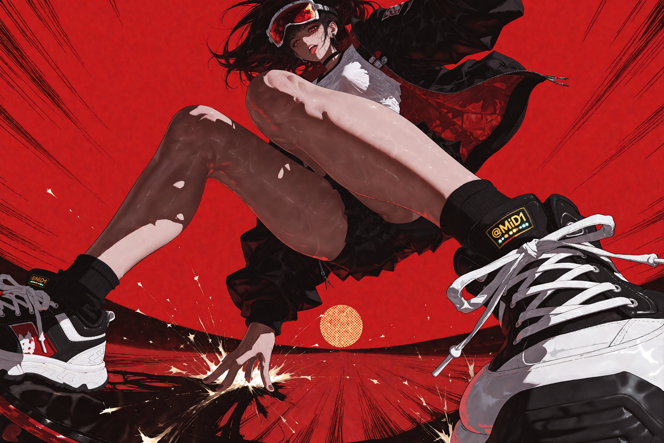 A low-angle hero shot from below of a girl skidding a drift on an electric board toward the camera,  knees bent,  one hand...