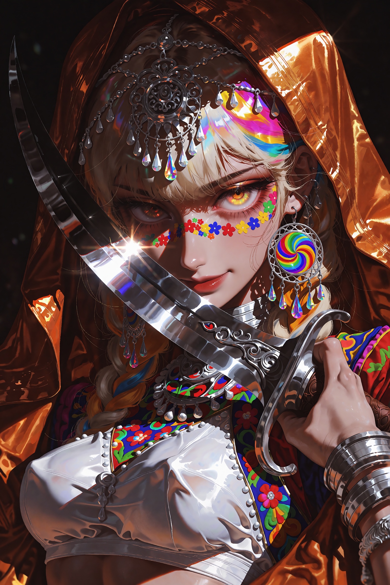 A mesmerizing close-up anime portrait of a mysterious desert warrior girl with a subtle,  knowing smile and a dangerous gl...