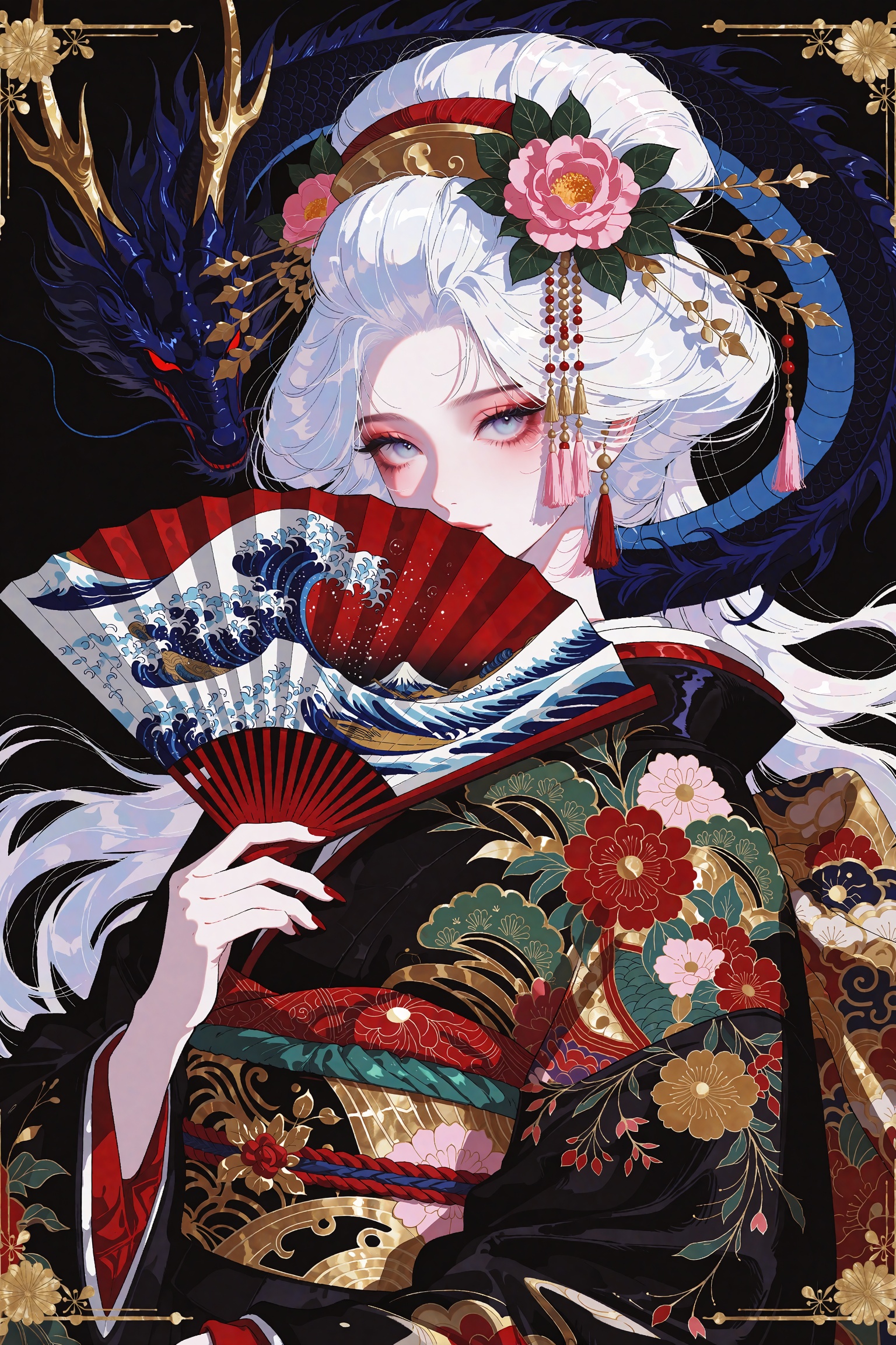 A stunning anime portrait of an ethereal Japanese noblewoman in ornate traditional attire,  her face partially hidden behi...
