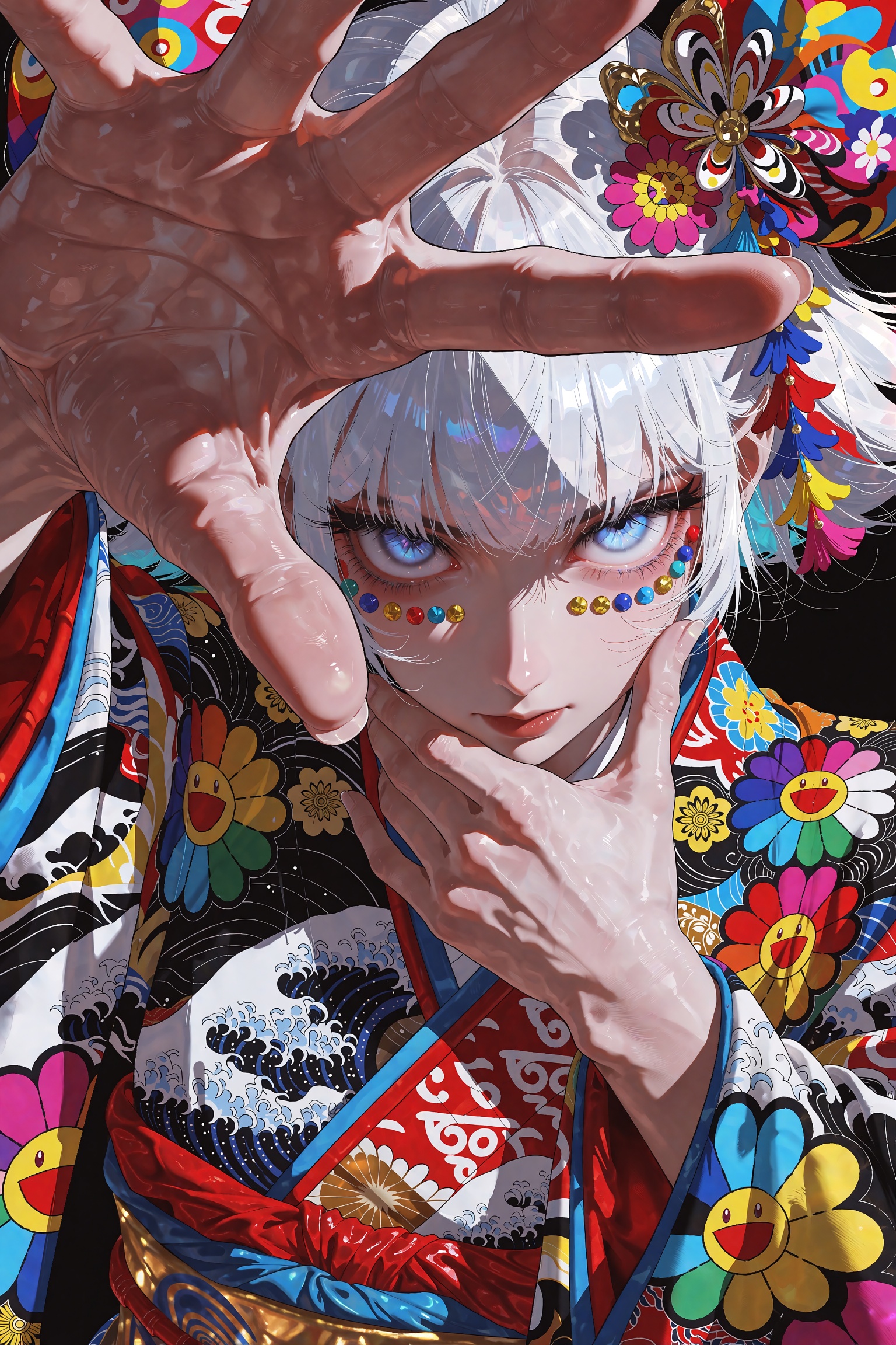 An extreme dynamic close-up anime portrait shot from a low angle,  looking up at a fierce silver-haired girl with straight...