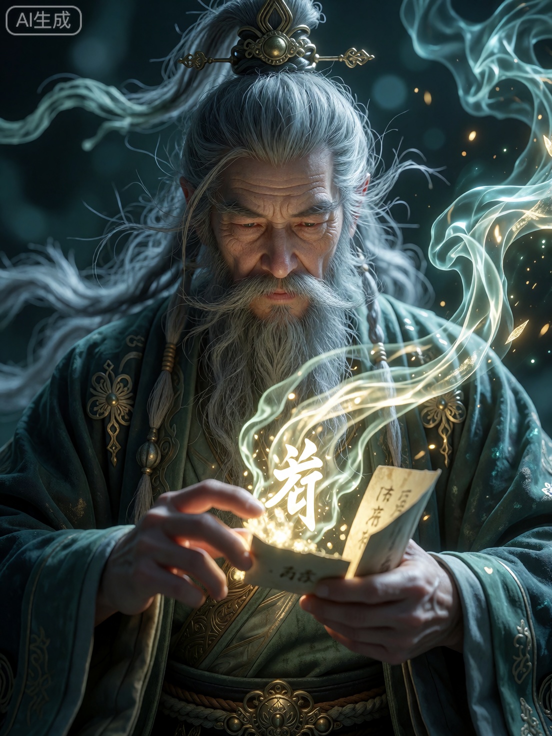 神秘的,  一个50岁的老道人,  手拿一张符 by Sayid on Tensor.Art