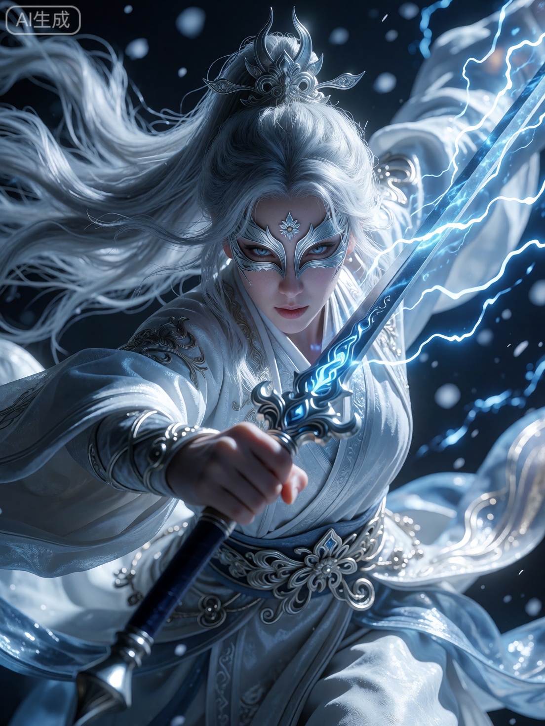 The slender sword,  with a blue light on it,  is extremely close up. It is an ancient long sword. A woman with flowing sil...