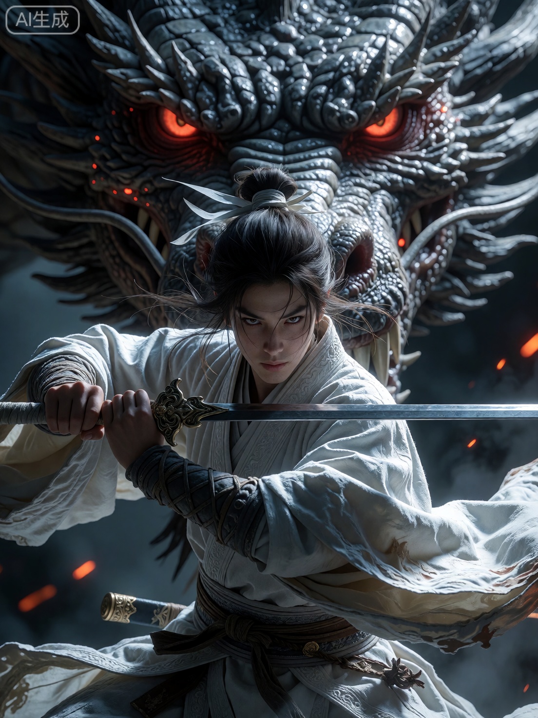 A focused warrior clad in flowing white robes stands ready for battle,  gripping a longsword horizontally across his body....