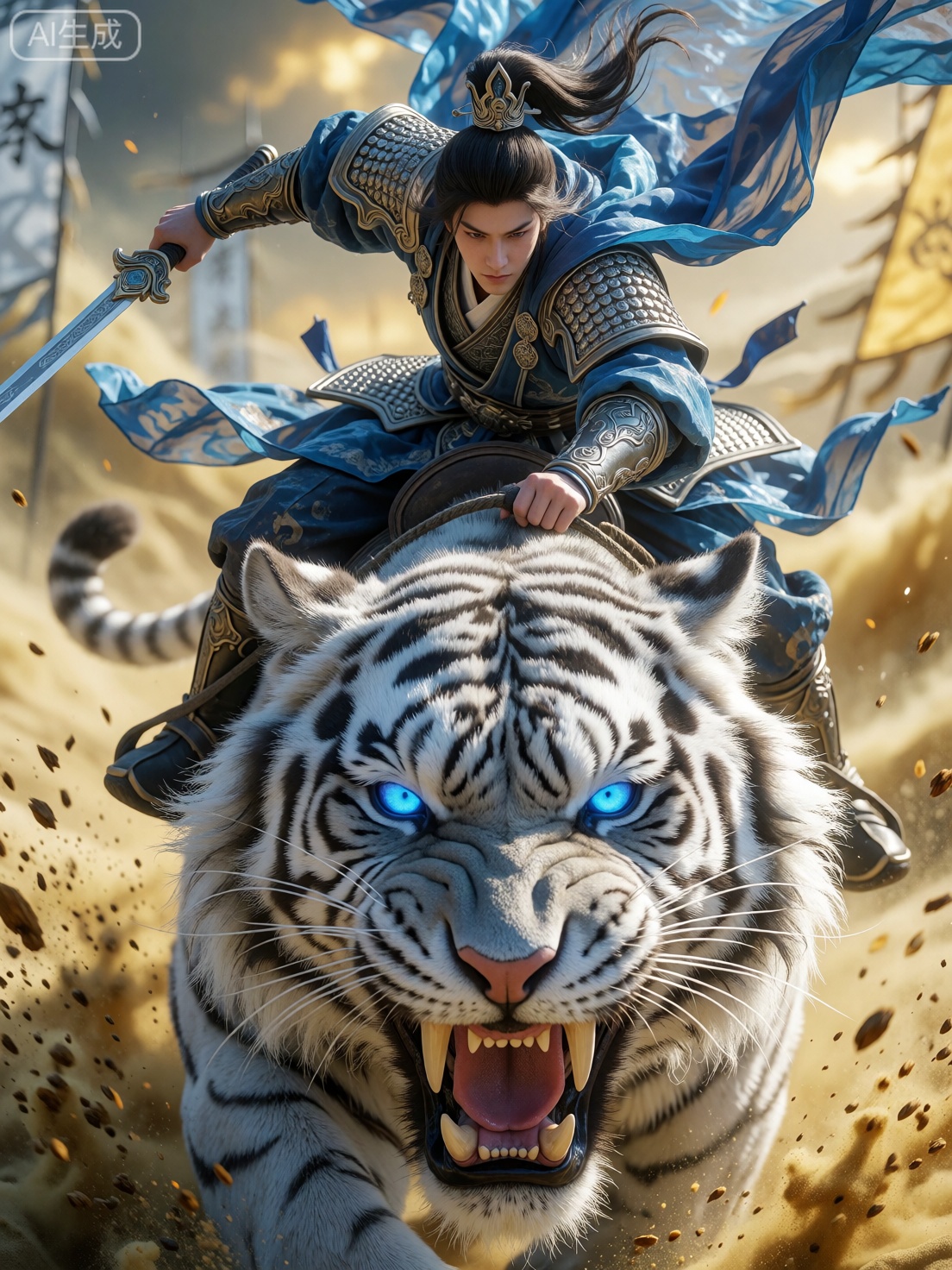 Ultra wide Angle perspective,  shoot from below Armored in silver,  with blue silk fluttering by Sayid on Tensor.Art
