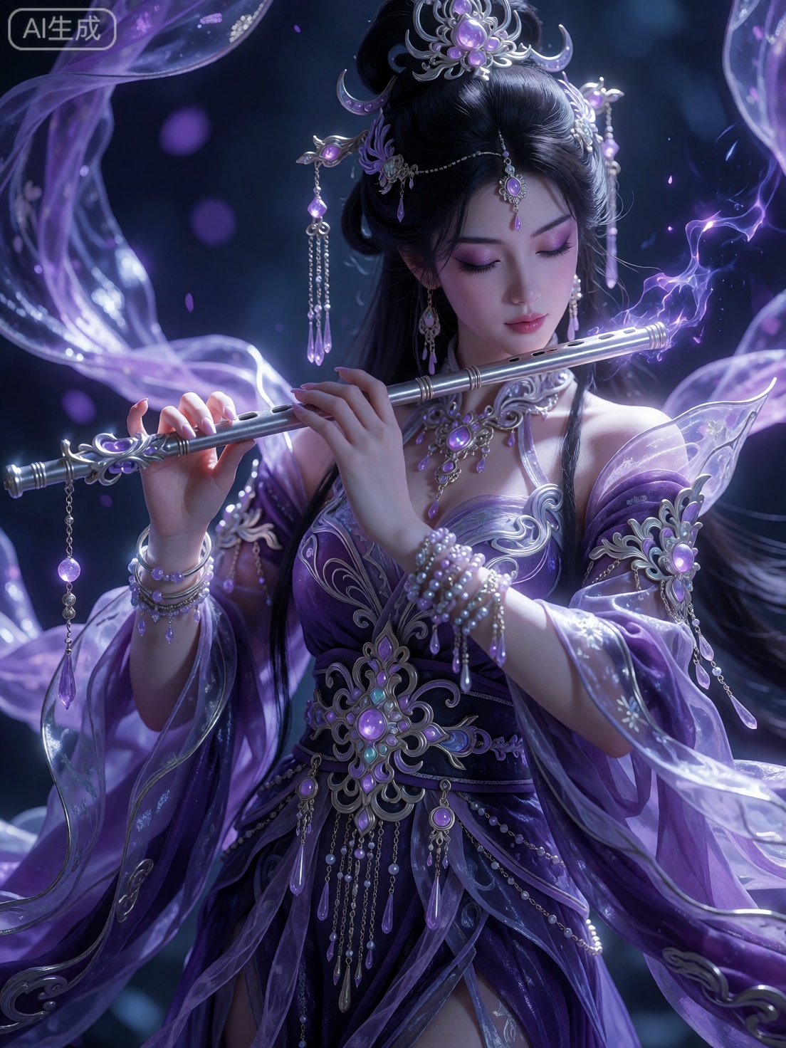 gufeng,  closed_eyes,  In the picture is a woman exuding an otherworldly charm. She is dressed in a sumptuous purple - hue...