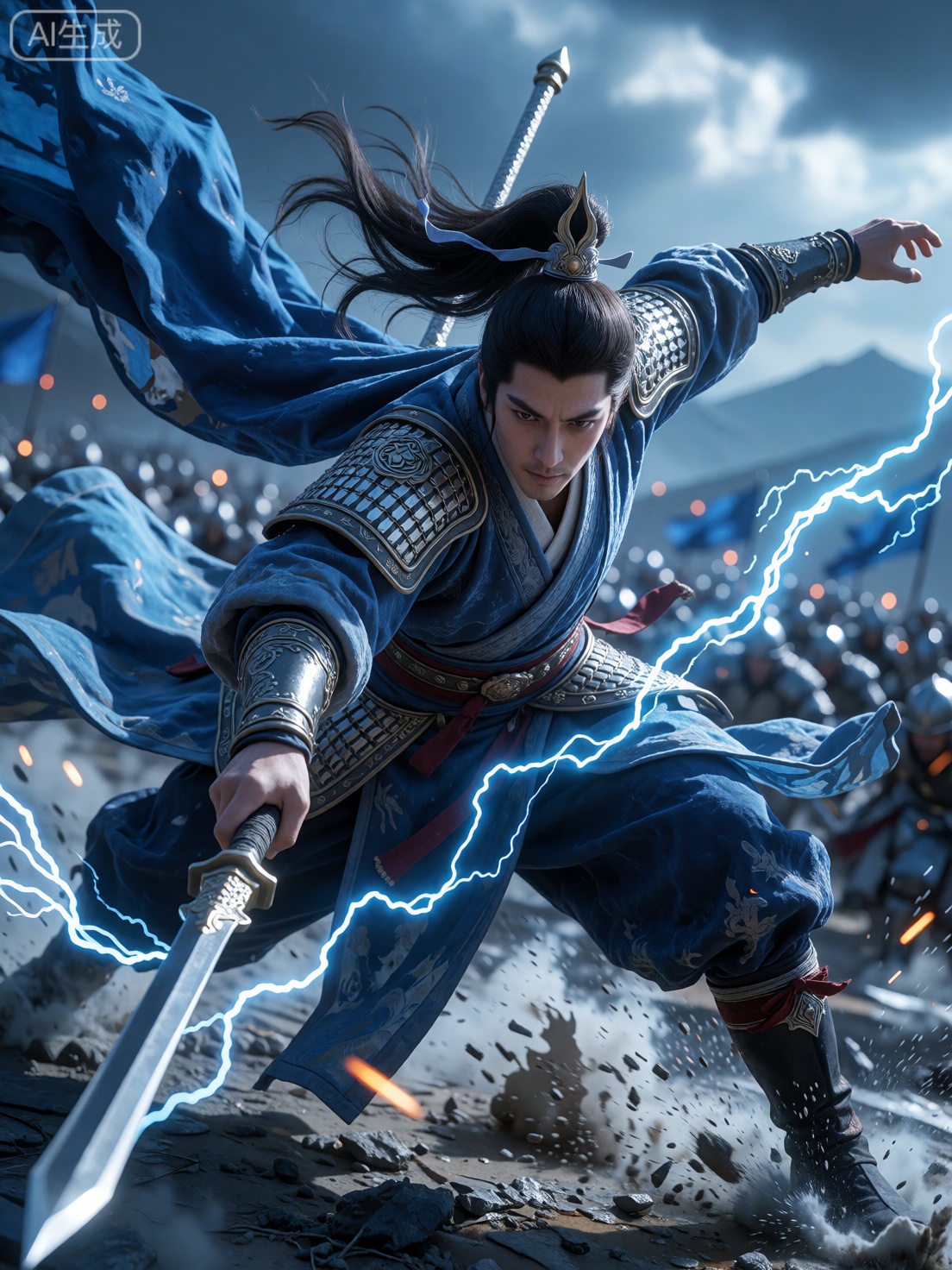 Ultra wide Angle perspective,  a blue robe flapping in the wind,  silver armor shining by Sayid on Tensor.Art
