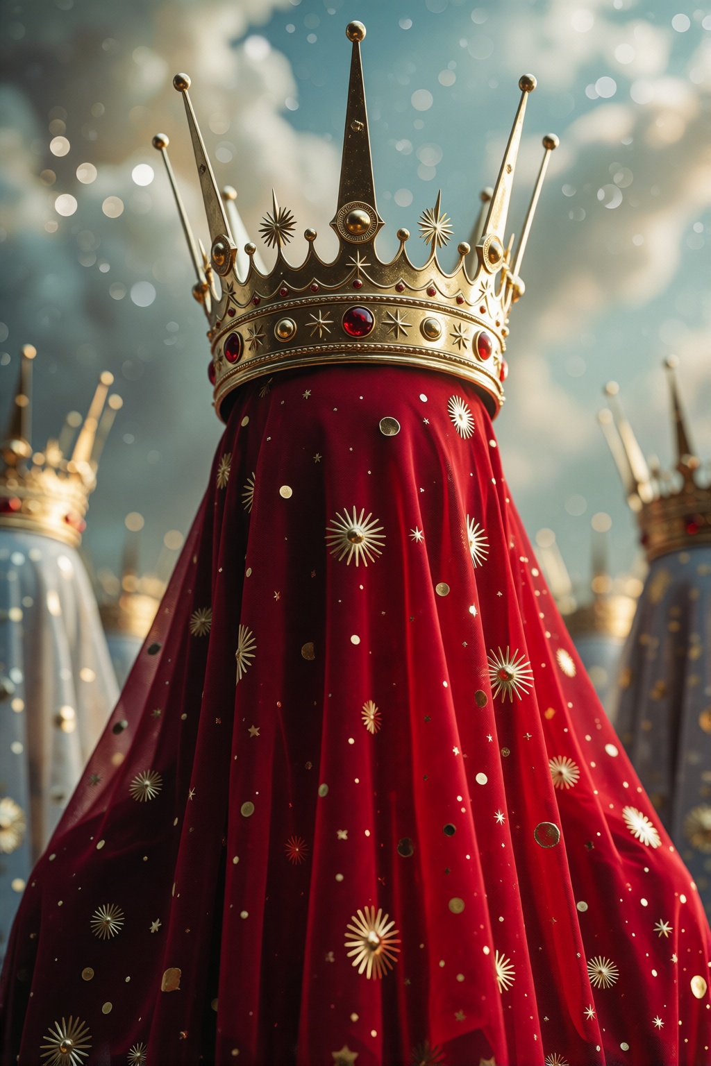 beautiful famele in red veils her face and has a large golden spiked crown,  in the style of celestial fasion,  otherworld...