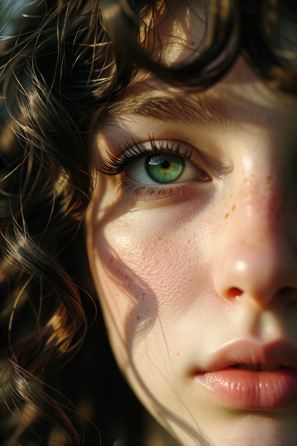 A hyperrealistic close-up portrait of a young womanâs face,  focusing on her expressive green eye with detailed irises a...