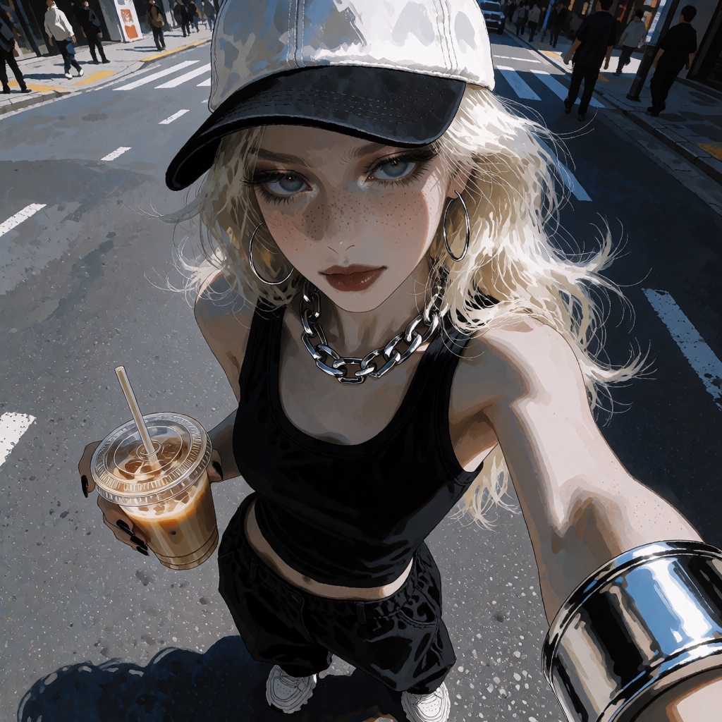 digital illustration,  high-angle wide-lens selfie of a cool blue-eyed woman standing on an outdoor asphalt street corner...