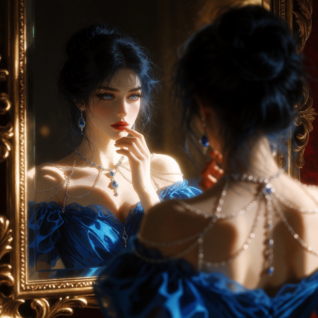 A blue-eyed woman with pale skin,  red lips,  and dark hair styled in an elegant on Tensor.Art