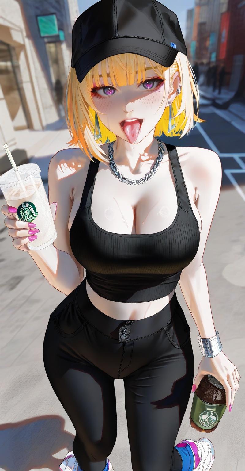 digital illustration,  high-angle wide-lens selfie of a cool blue-eyed woman standing on an outdoor asphalt street corner...