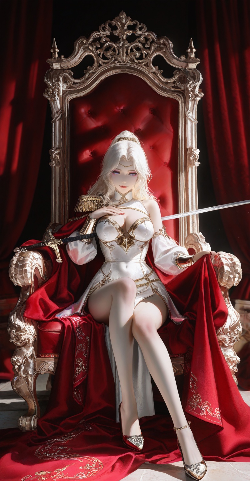 A woman with long,  wavy white hair sits in a relaxed pose on a throne,  extending a sword downward to rest its blade on t...