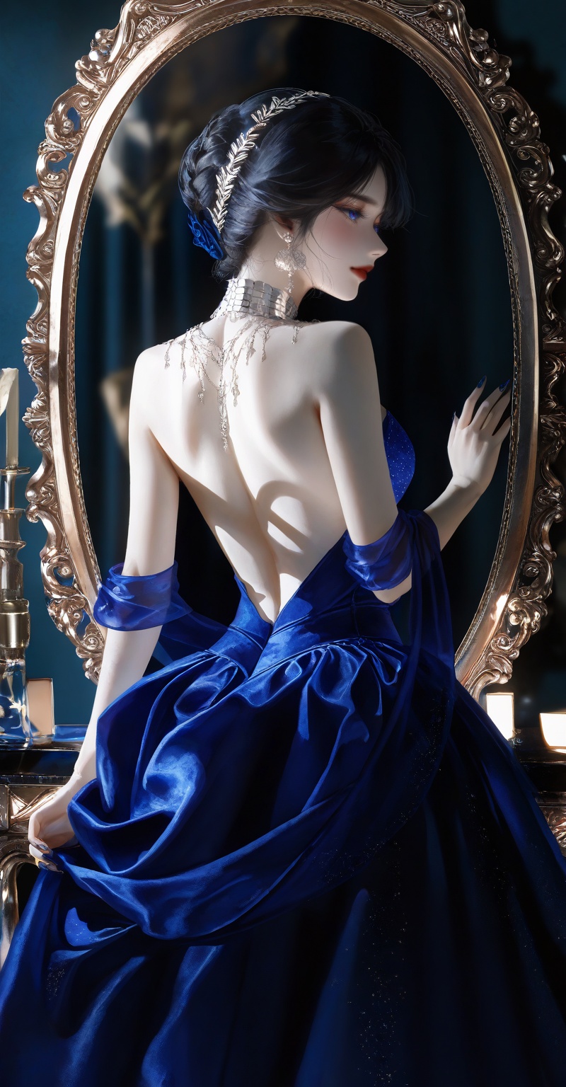 A blue-eyed woman with pale skin,  red lips,  and dark hair styled in an elegant on Tensor.Art