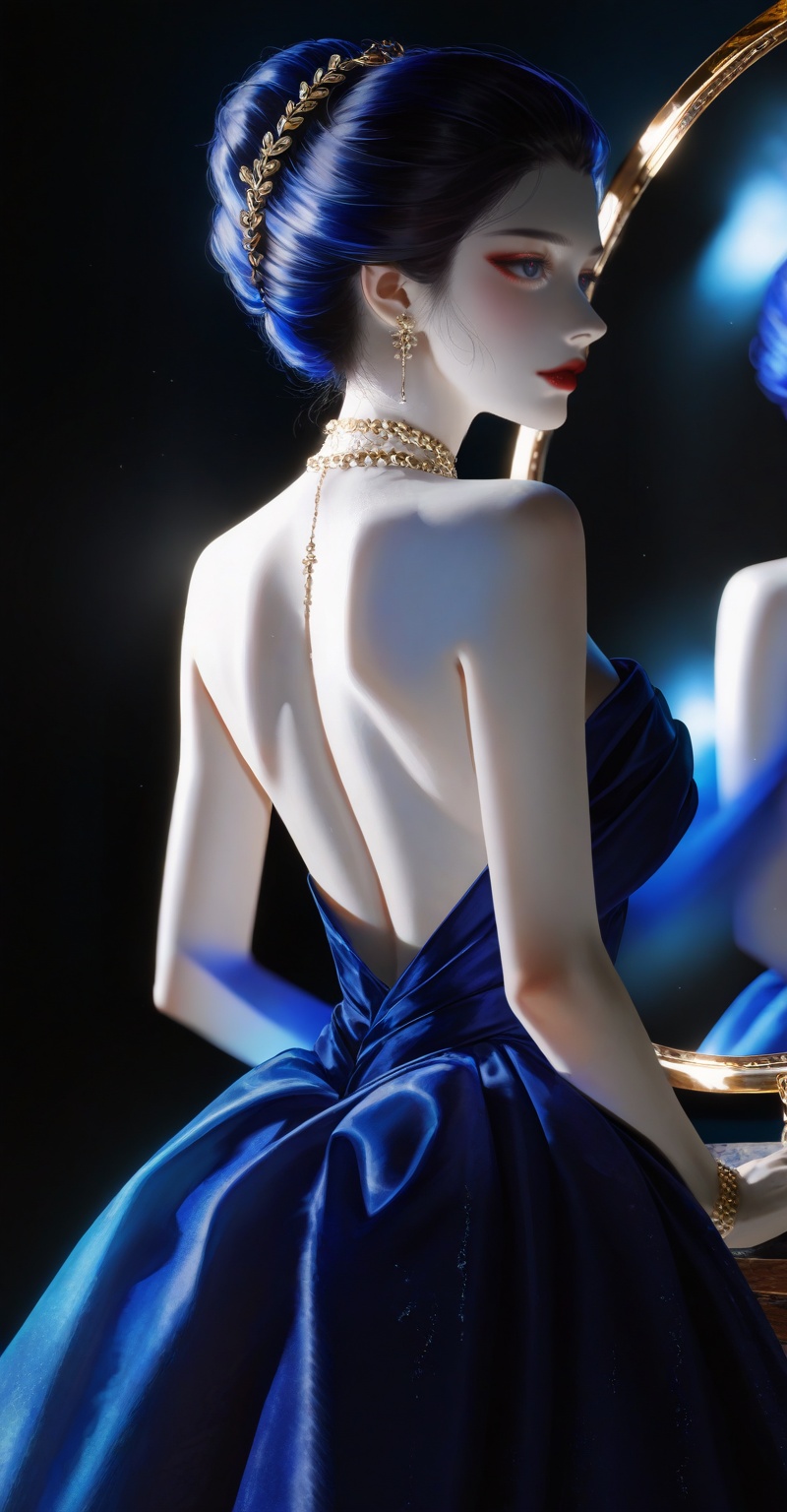 A blue-eyed woman with pale skin,  red lips,  and dark hair styled in an elegant on Tensor.Art