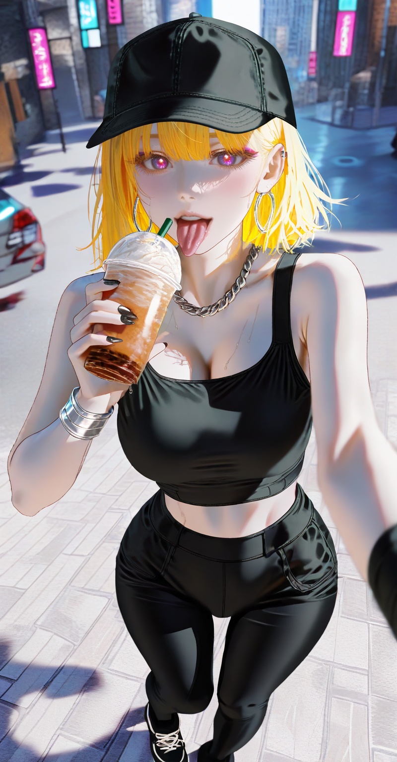 digital illustration,  high-angle wide-lens selfie of a cool blue-eyed woman standing on an outdoor asphalt street corner...