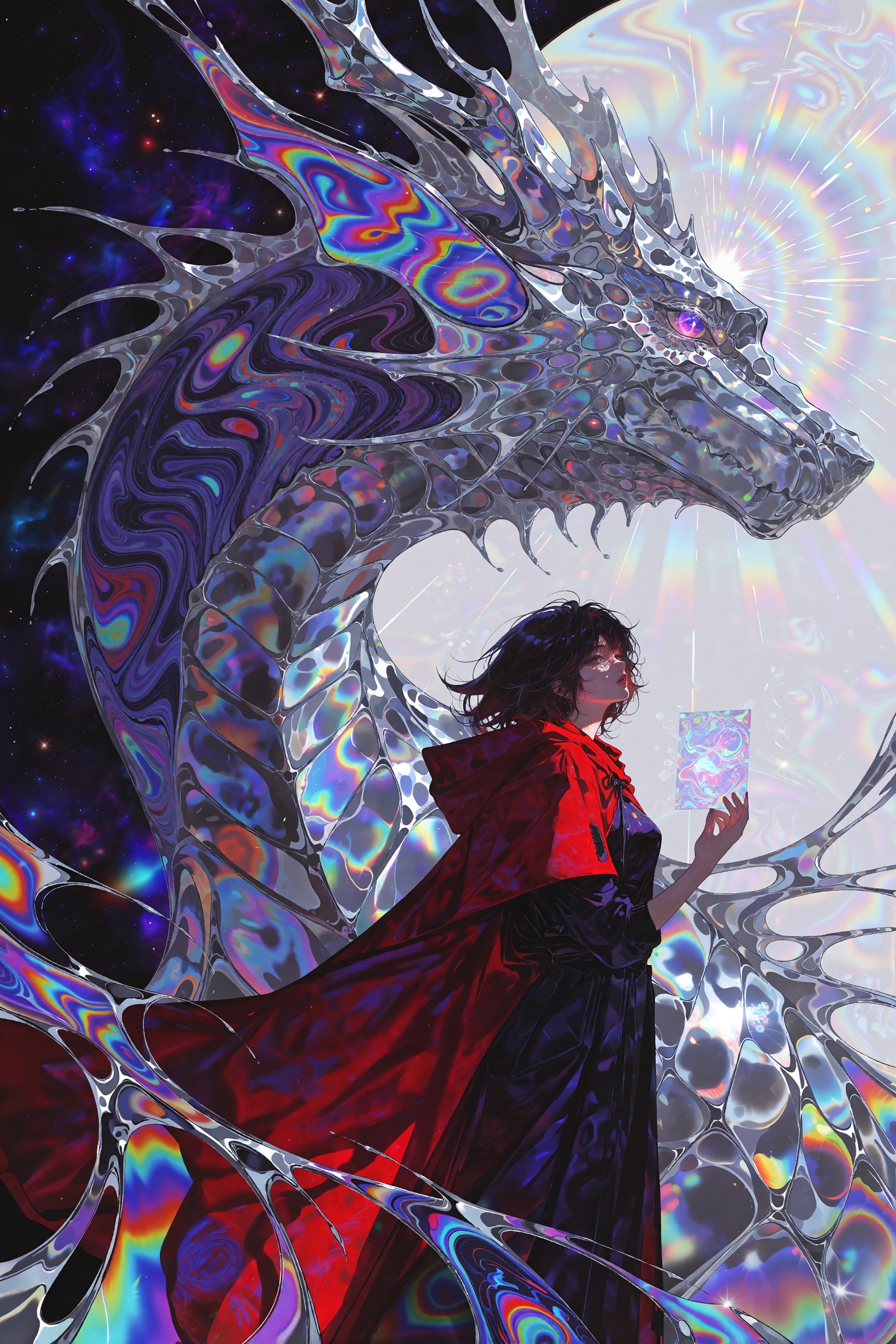 Psychedelic anime scene,  lone figure draped in a flowing red cloak standing beside a massive fantastical dragon-like crea...