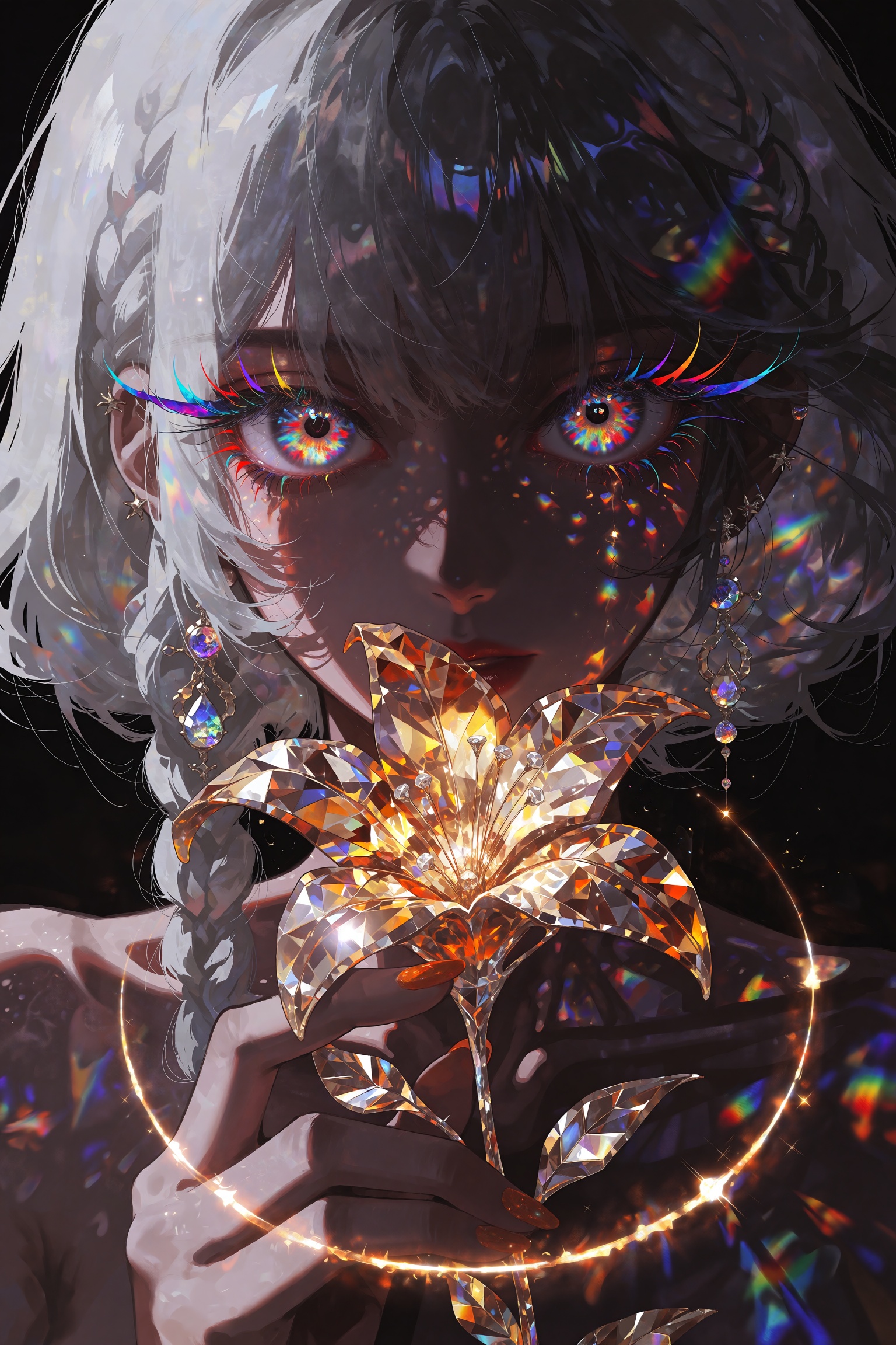 An extreme close-up anime portrait of a mysterious girl with short silver-white hair and side braids,  her face cast in de...