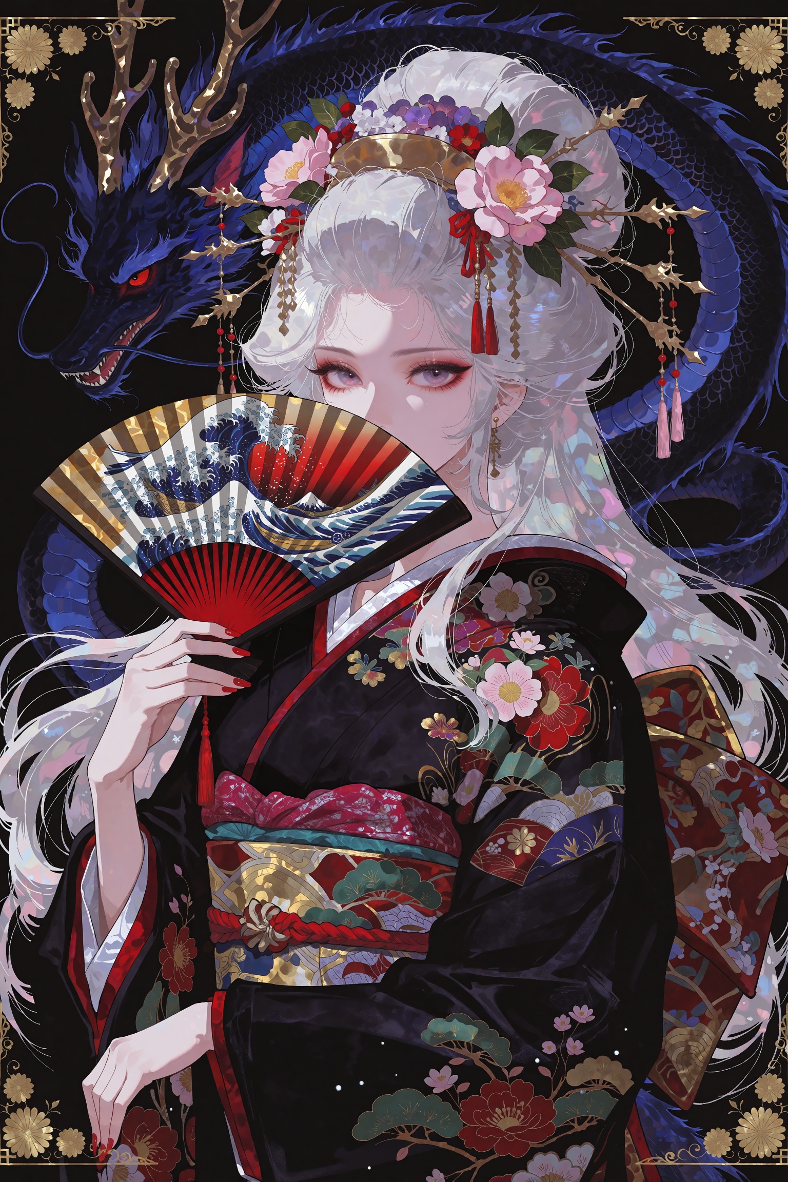 A stunning anime portrait of an ethereal Japanese noblewoman in ornate traditional attire,  her face partially hidden behi...