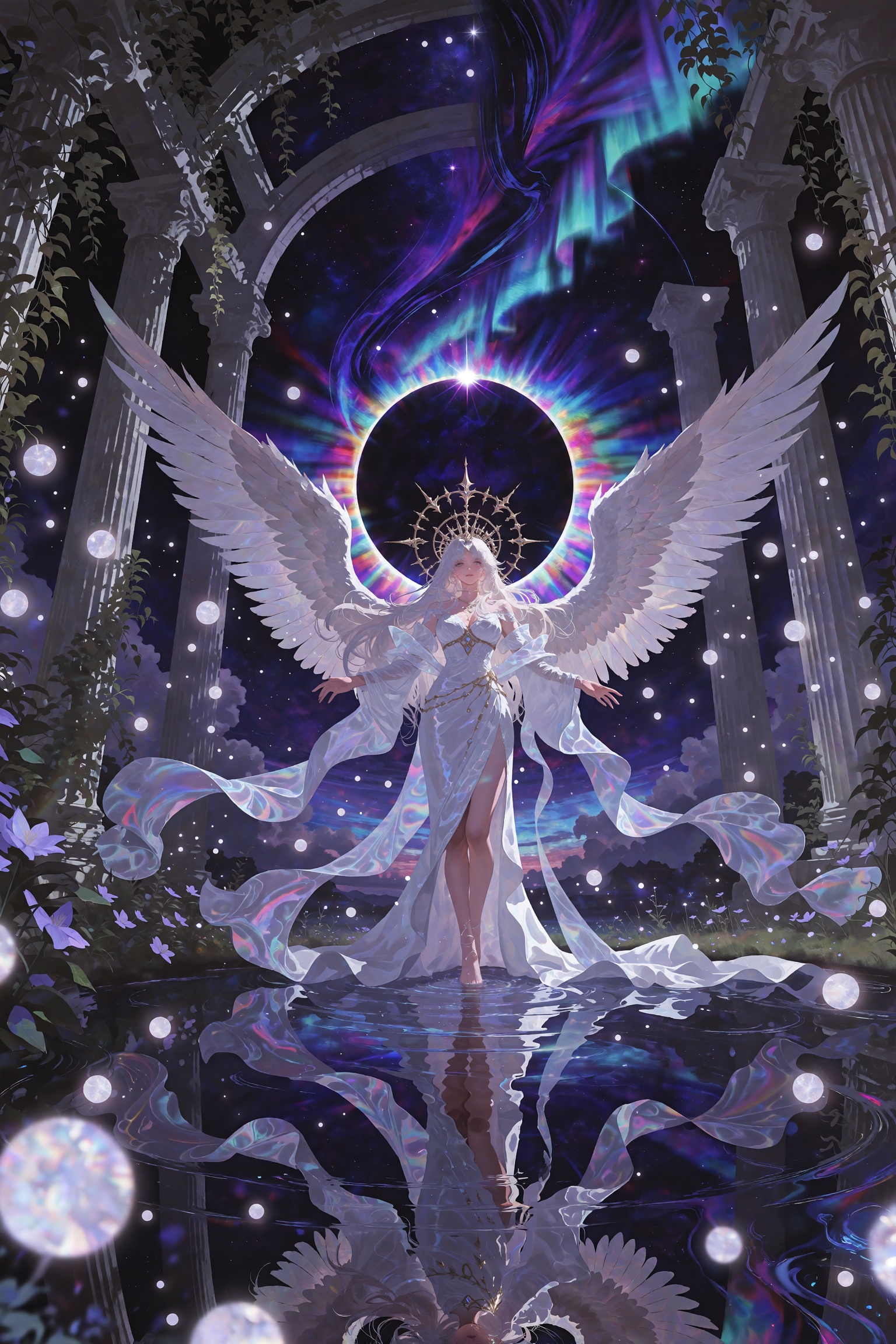 Cinematic wide shot of a luminous celestial goddess standing in a shallow reflective pool inside ancient overgrown ruins,...