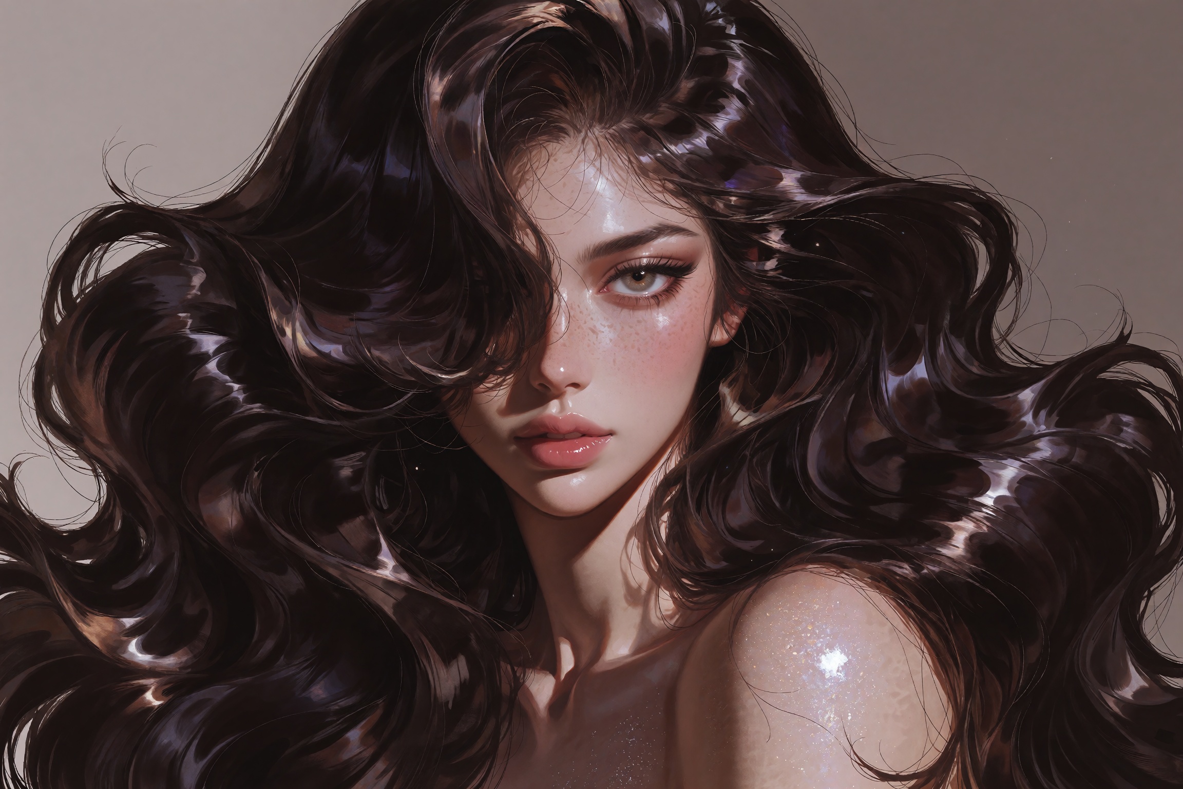 A close-up beauty portrait of a woman enveloped in extraordinarily voluminous,  glossy chocolate-brown hair with massive c...