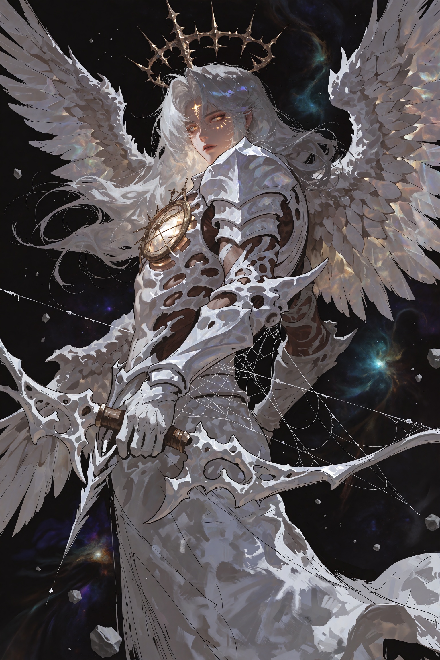A majestic divine celestial archer captured in a three-quarter back view,  turning around to look over his shoulder with i...