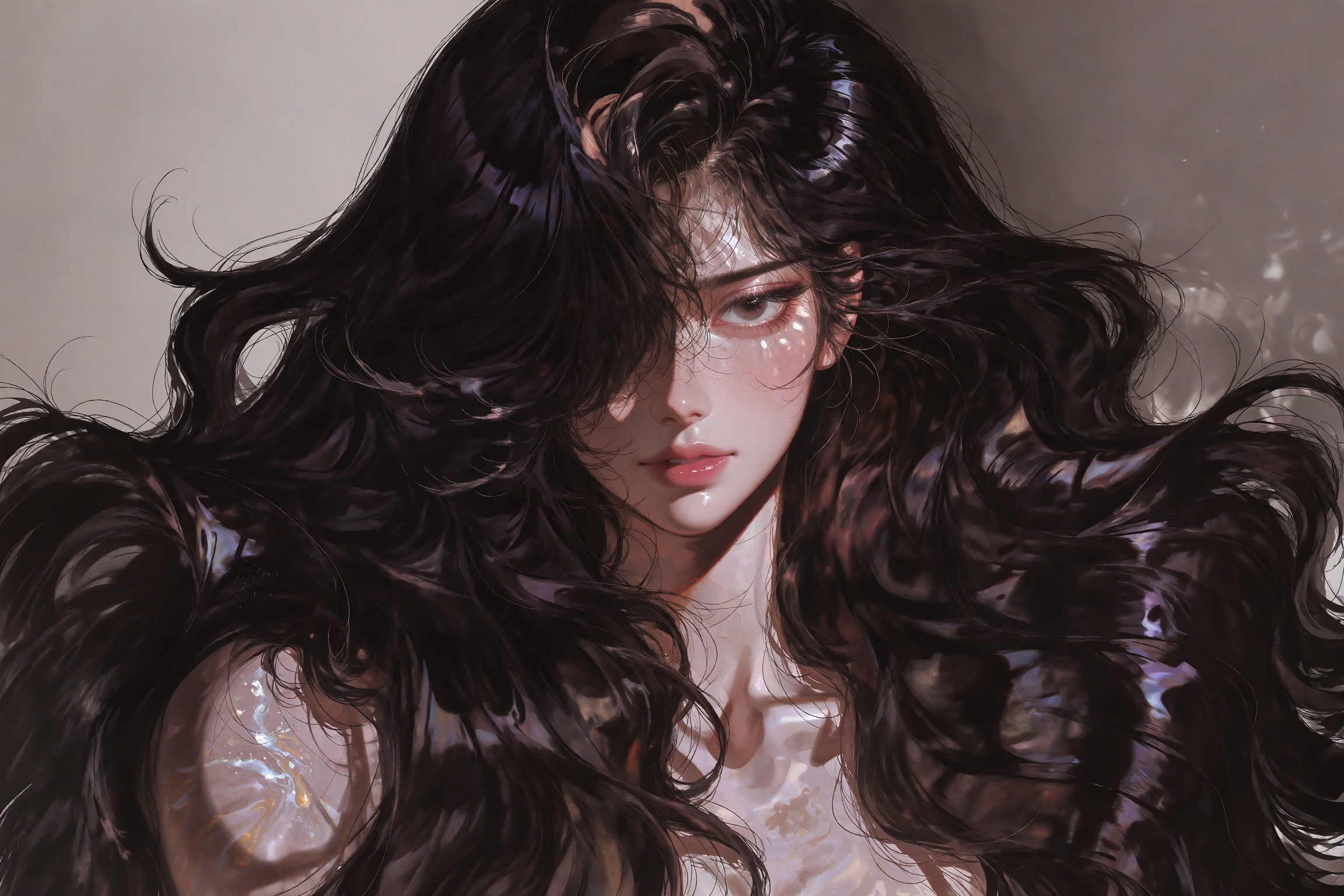 A close-up beauty portrait of a woman enveloped in extraordinarily voluminous,  glossy chocolate-brown hair with massive c...