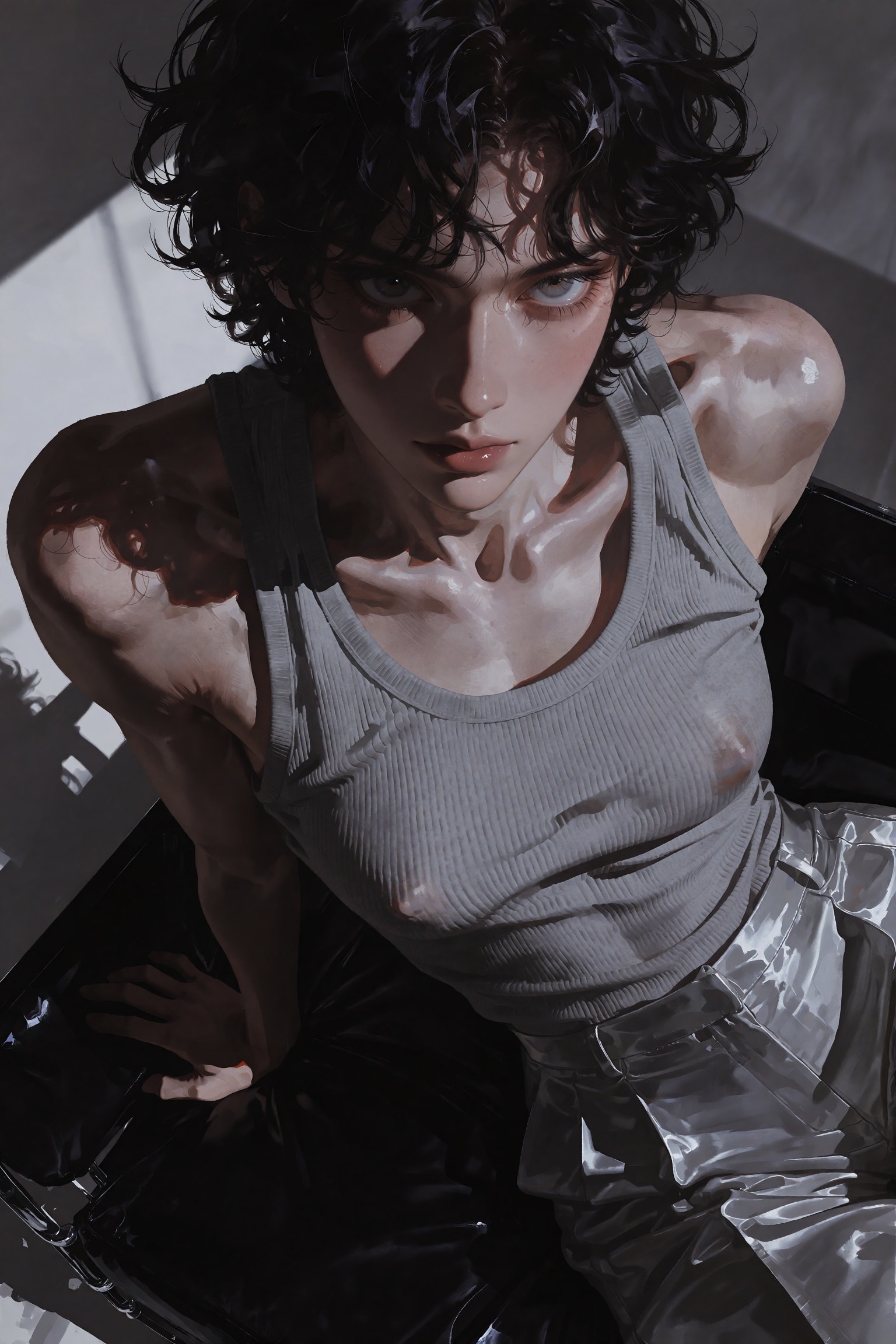 A high-angle fashion portrait of an individual with short curly dark hair and piercing pale eyes staring directly upward....