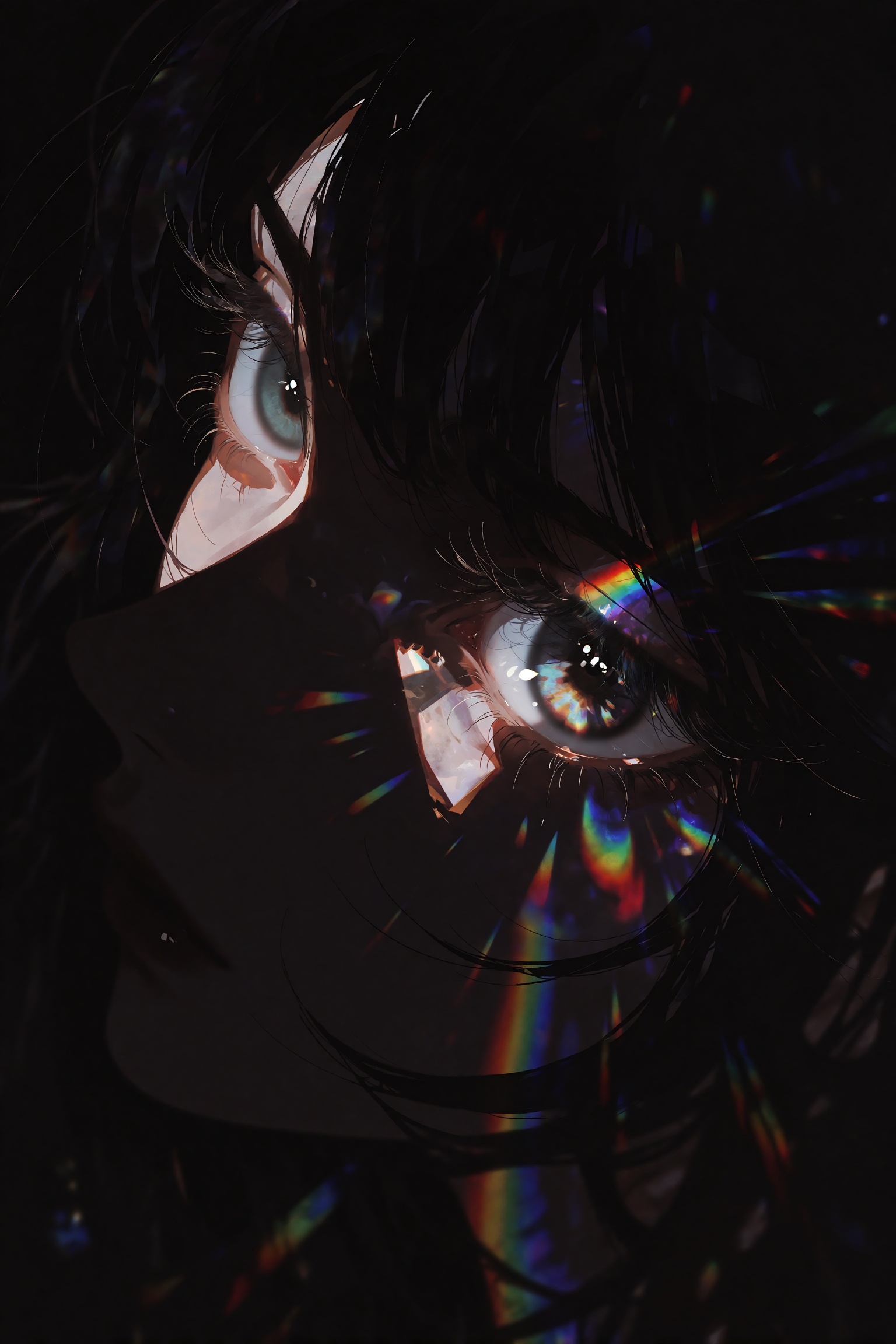 A hauntingly minimalist anime composition of two luminous eyes emerging from absolute pitch-black darkness,  positioned di...
