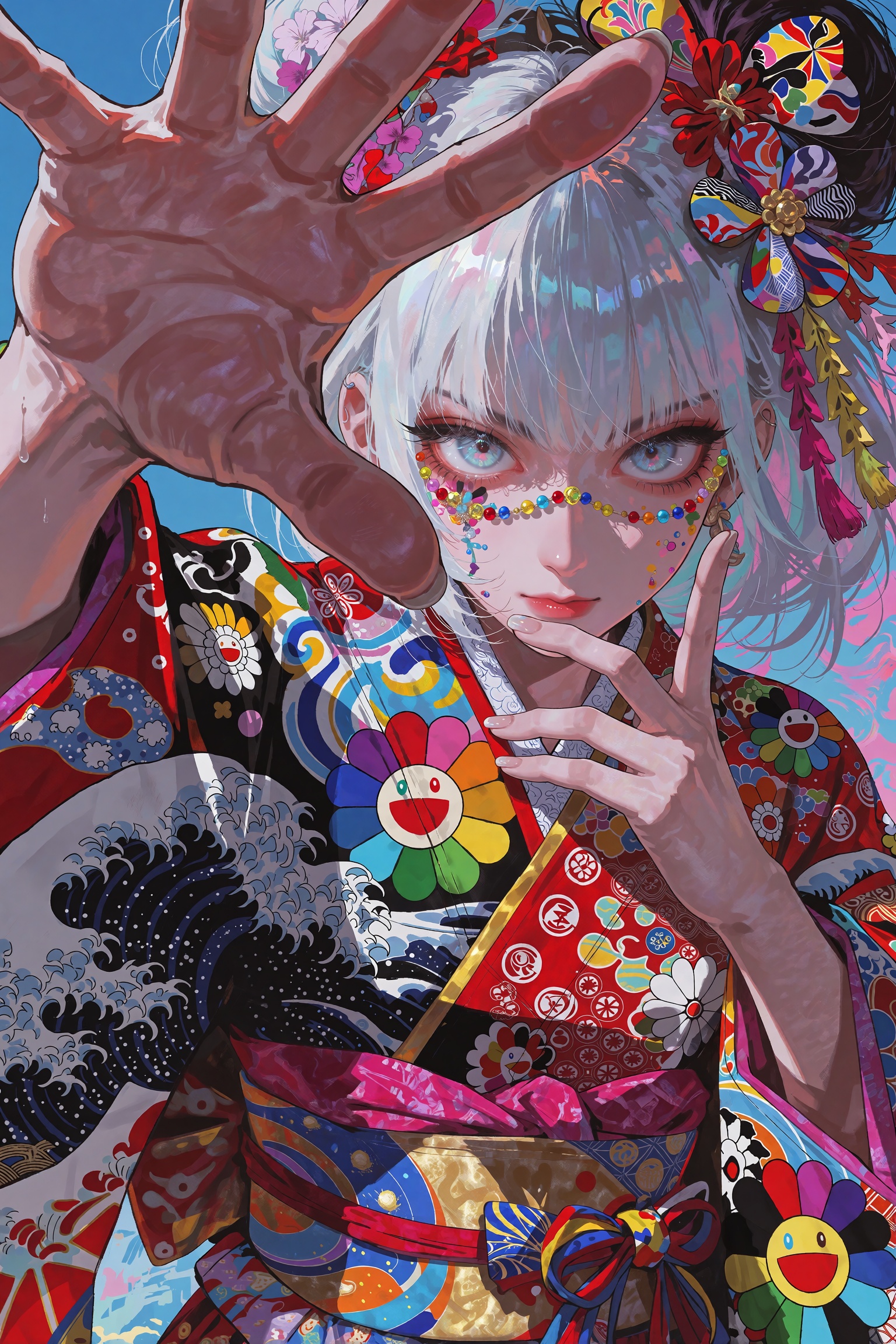 An extreme dynamic close-up anime portrait shot from a low angle,  looking up at a fierce silver-haired girl with straight...