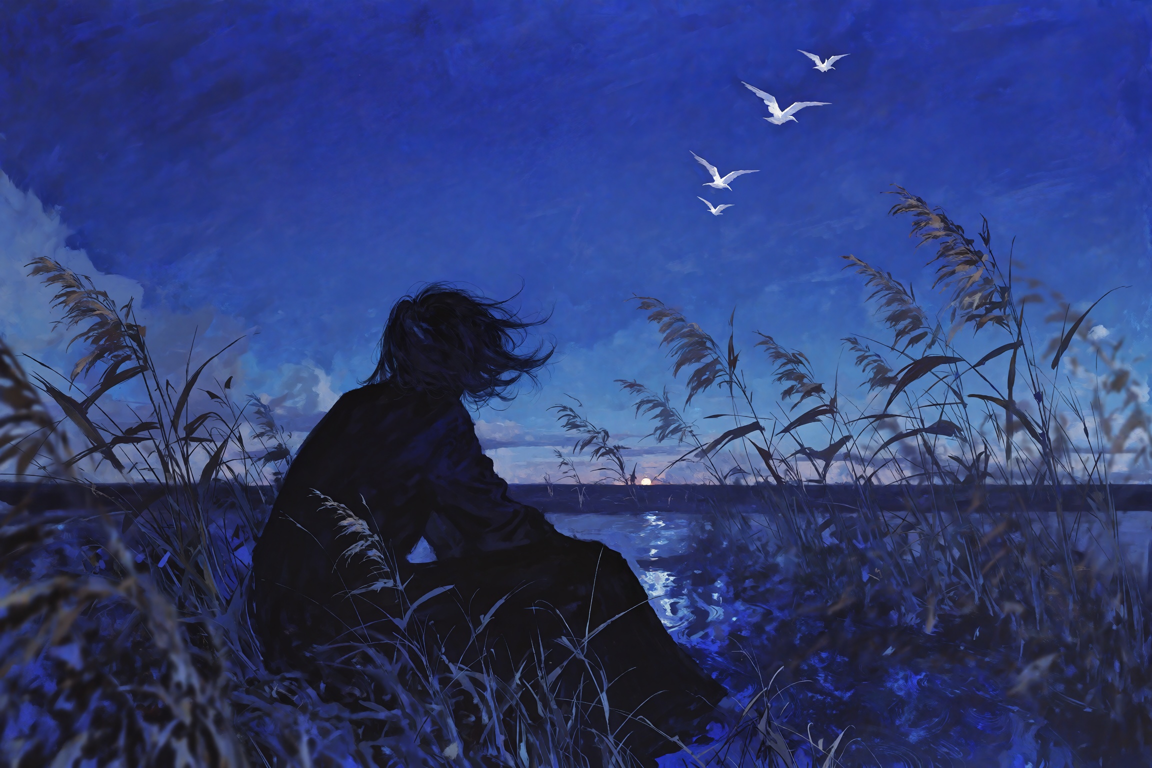 Painterly impressionistic scene of a lone figure sitting in silhouette among tall windswept reeds by the water's edge,  vi...