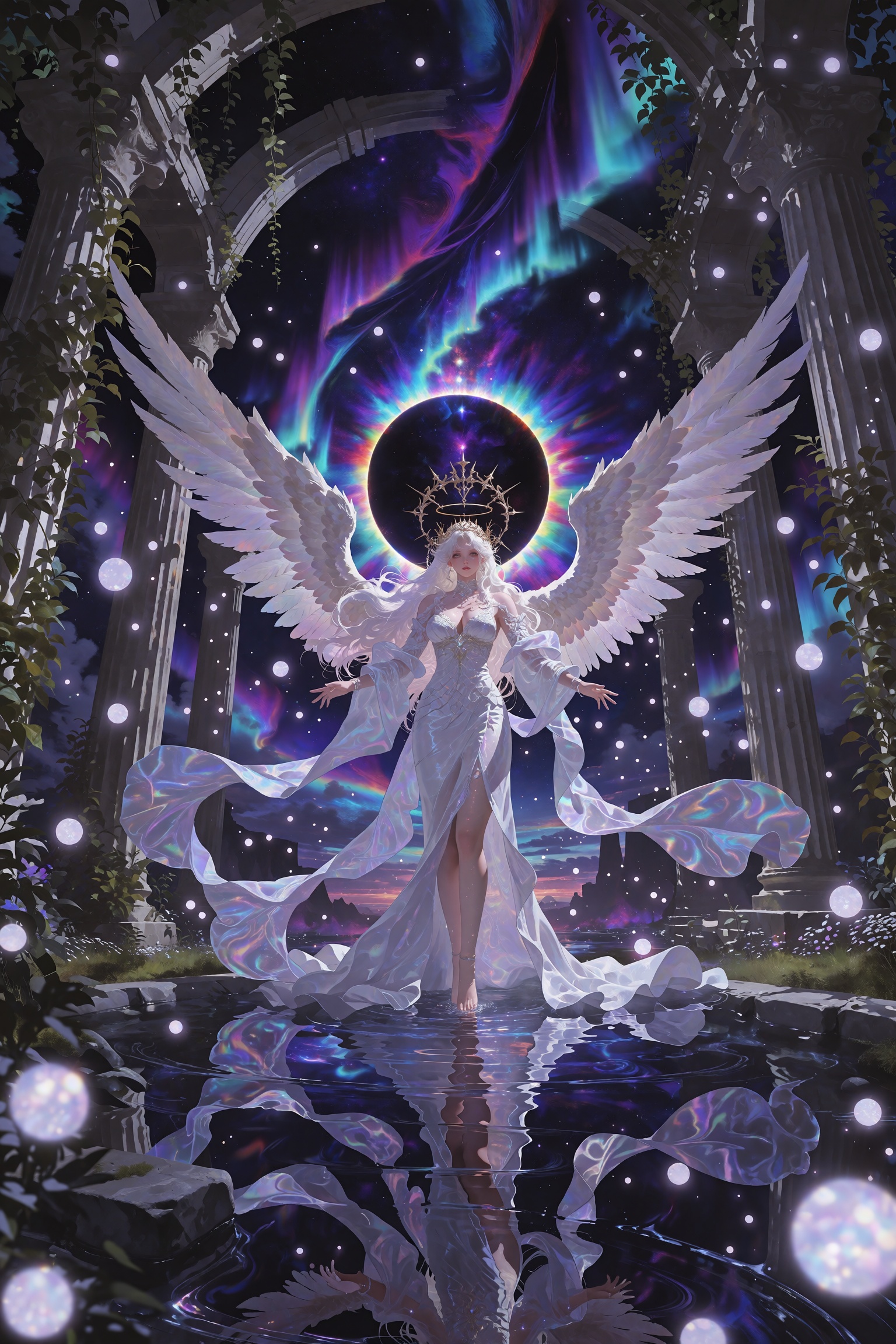 Cinematic wide shot of a luminous celestial goddess standing in a shallow reflective pool inside ancient overgrown ruins,...