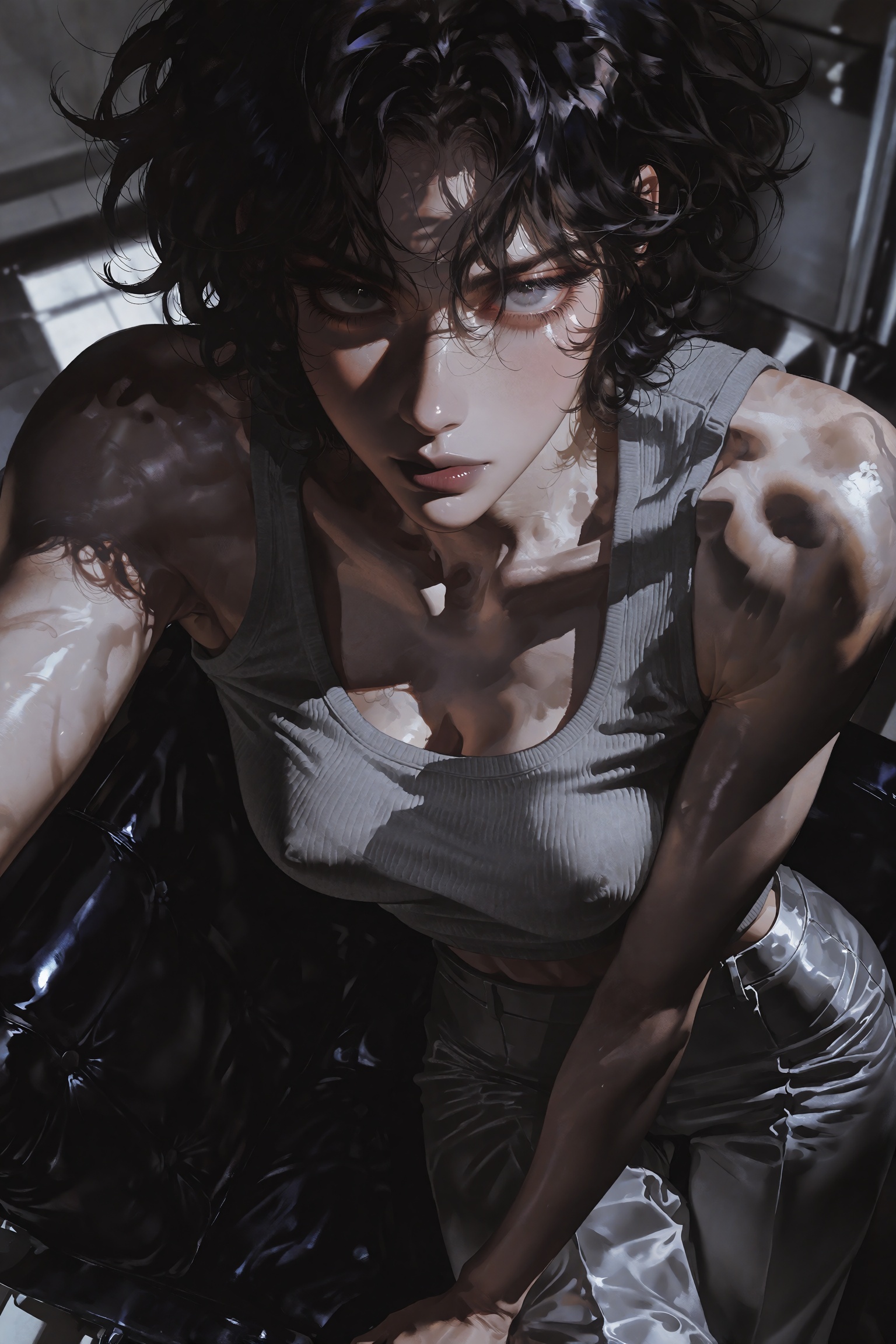 A high-angle fashion portrait of an individual with short curly dark hair and piercing pale eyes staring directly upward....