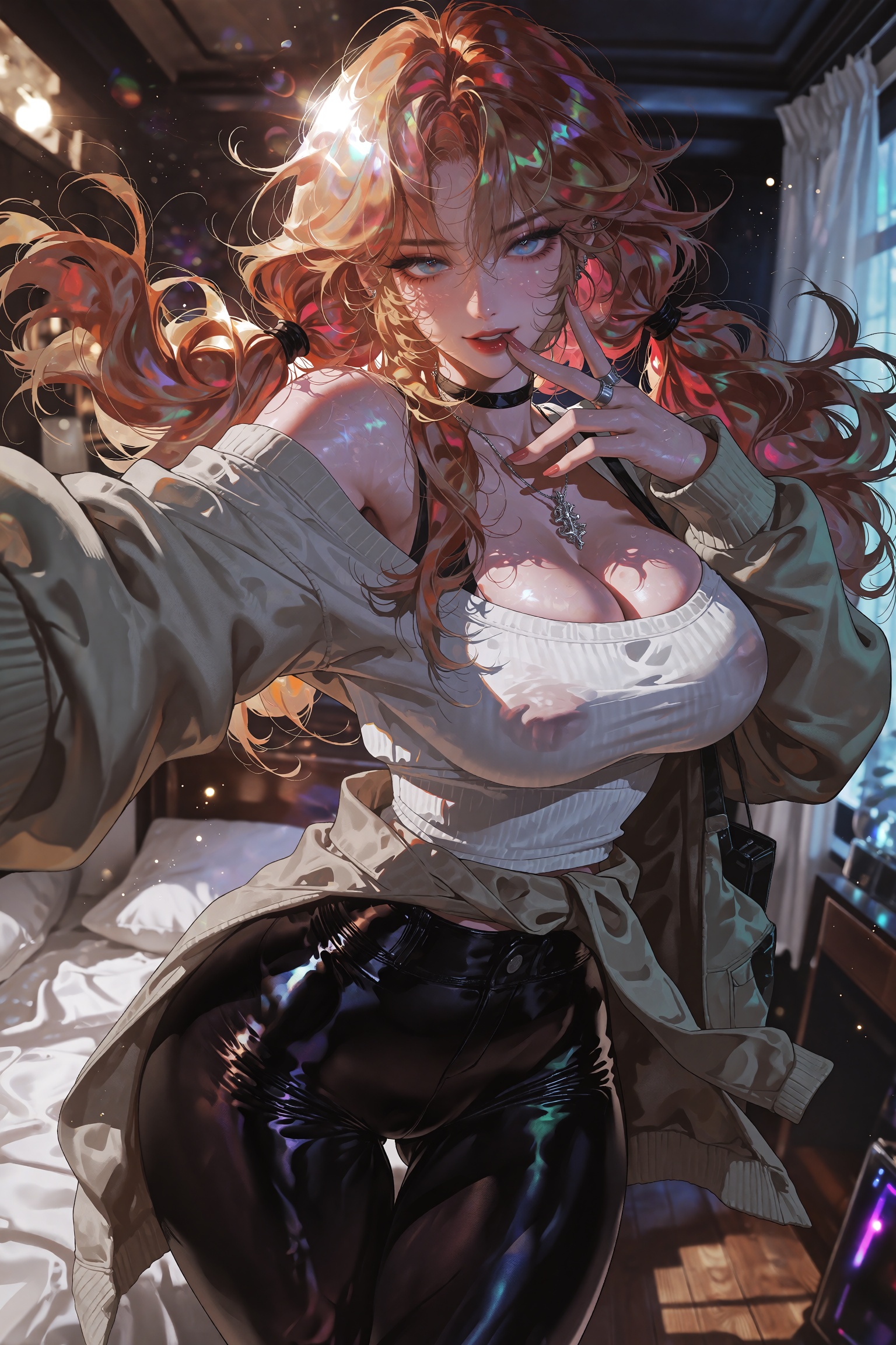 Hyper-realistic 3D-rendered anime portrait of an alluring woman with voluminous,  messy ginger-orange hair styled in loose...