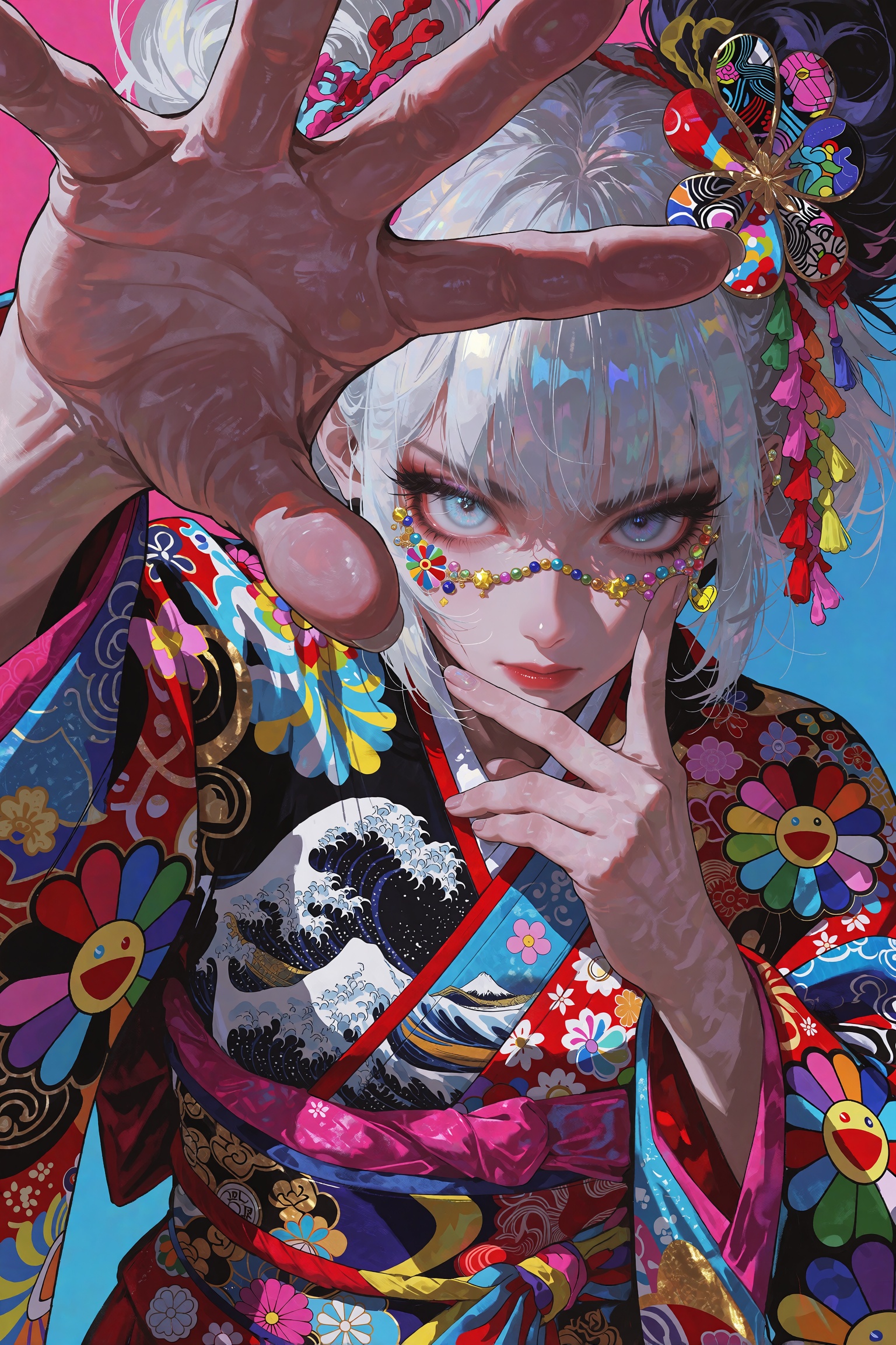 An extreme dynamic close-up anime portrait shot from a low angle,  looking up at a fierce silver-haired girl with straight...
