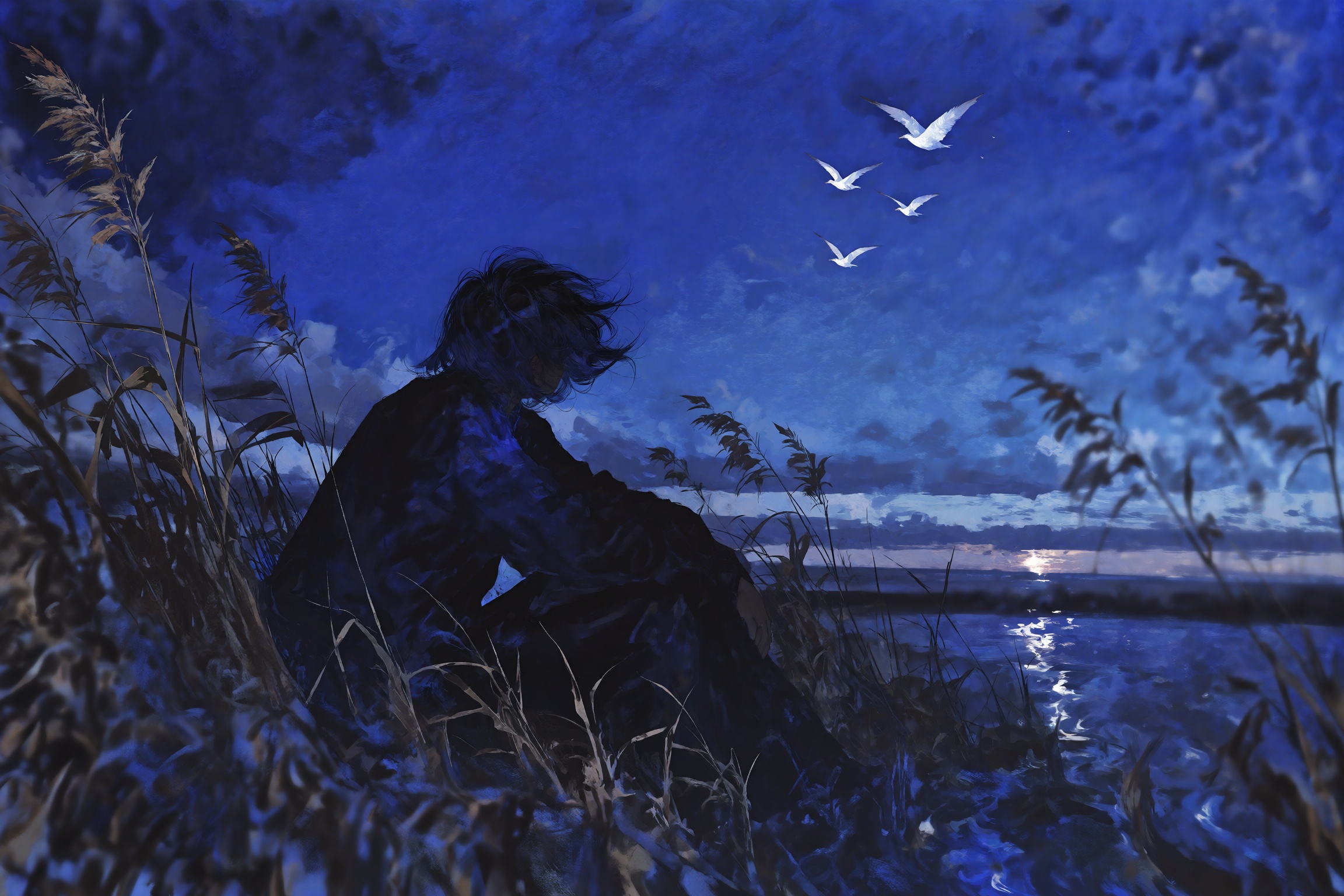 Painterly impressionistic scene of a lone figure sitting in silhouette among tall windswept reeds by the water's edge,  vi...