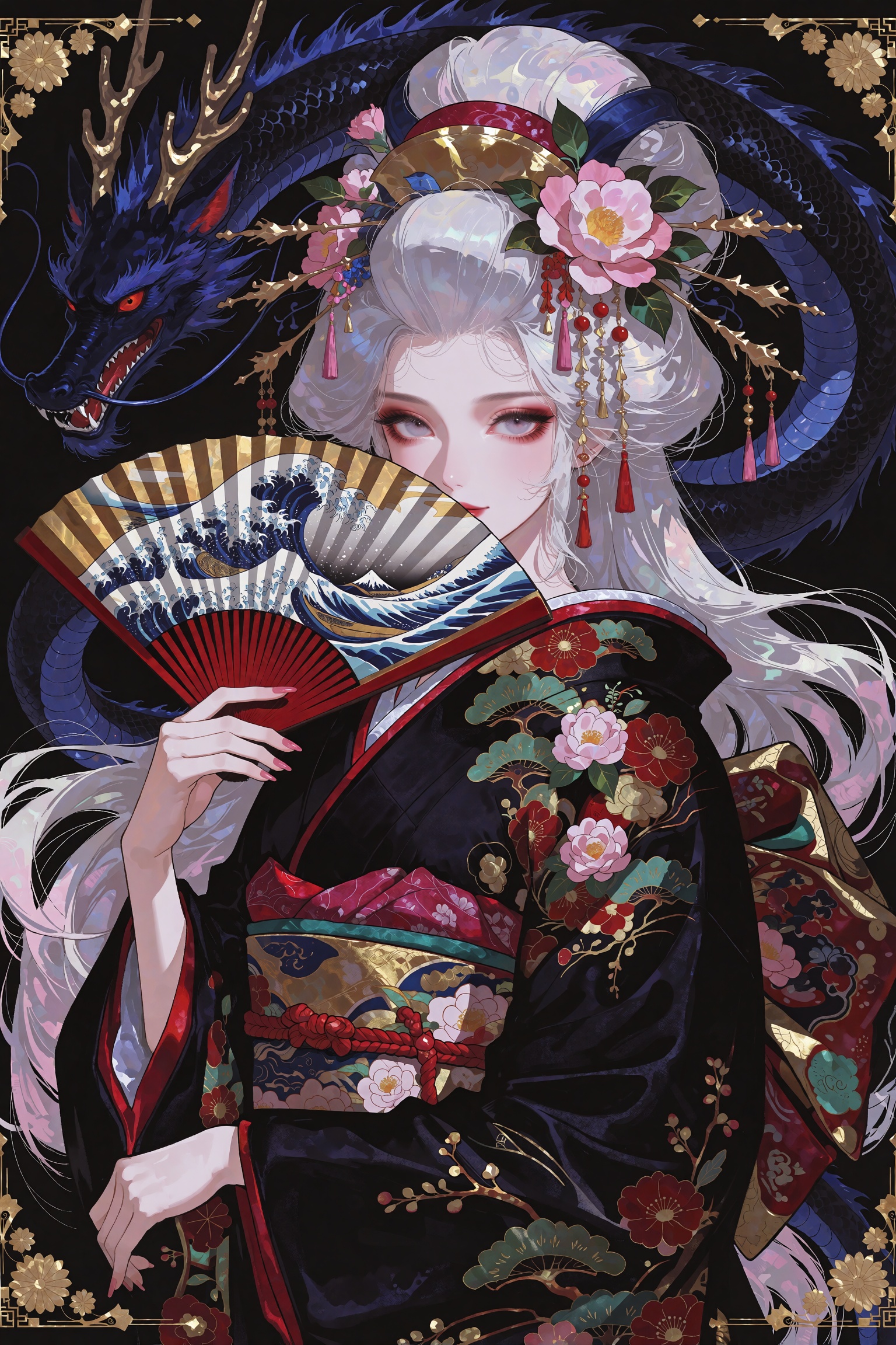 A stunning anime portrait of an ethereal Japanese noblewoman in ornate traditional attire,  her face partially hidden behi...