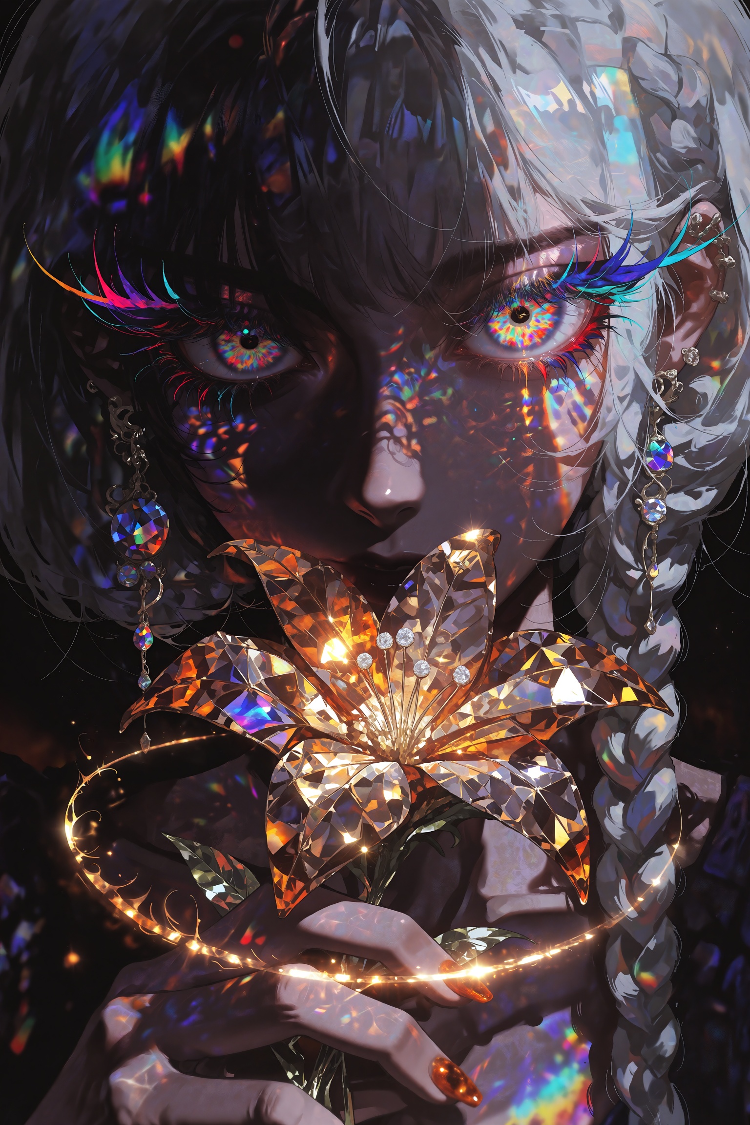 An extreme close-up anime portrait of a mysterious girl with short silver-white hair and side braids,  her face cast in de...