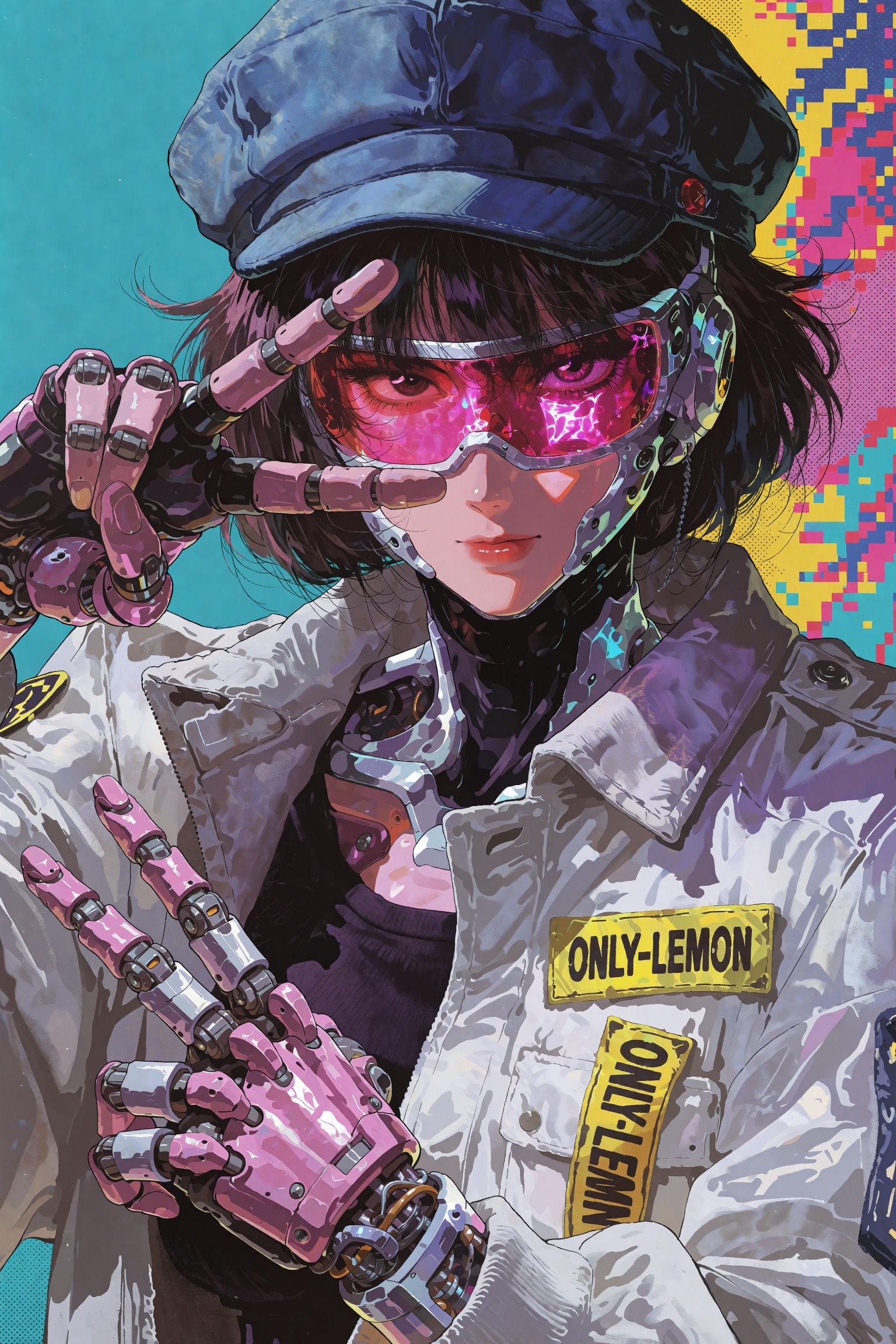 A retro 90s anime portrait of a cool cyborg posing with a peace sign over their glowing pink visor. The character wears a...