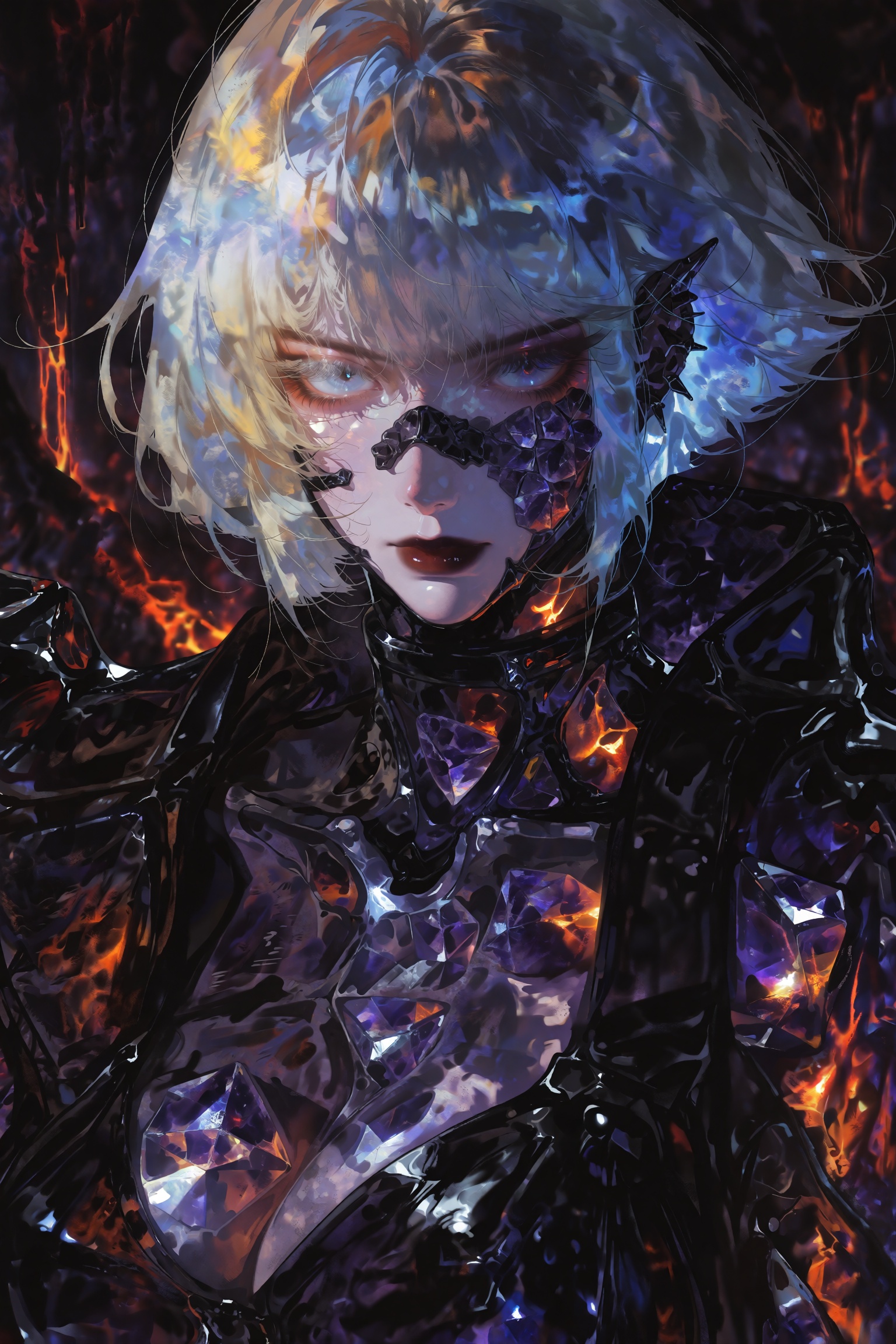@ZERO9,  Avant-garde close-up cinematic portrait of an ice-blonde character wearing a garment made of smoked obsidian glas...
