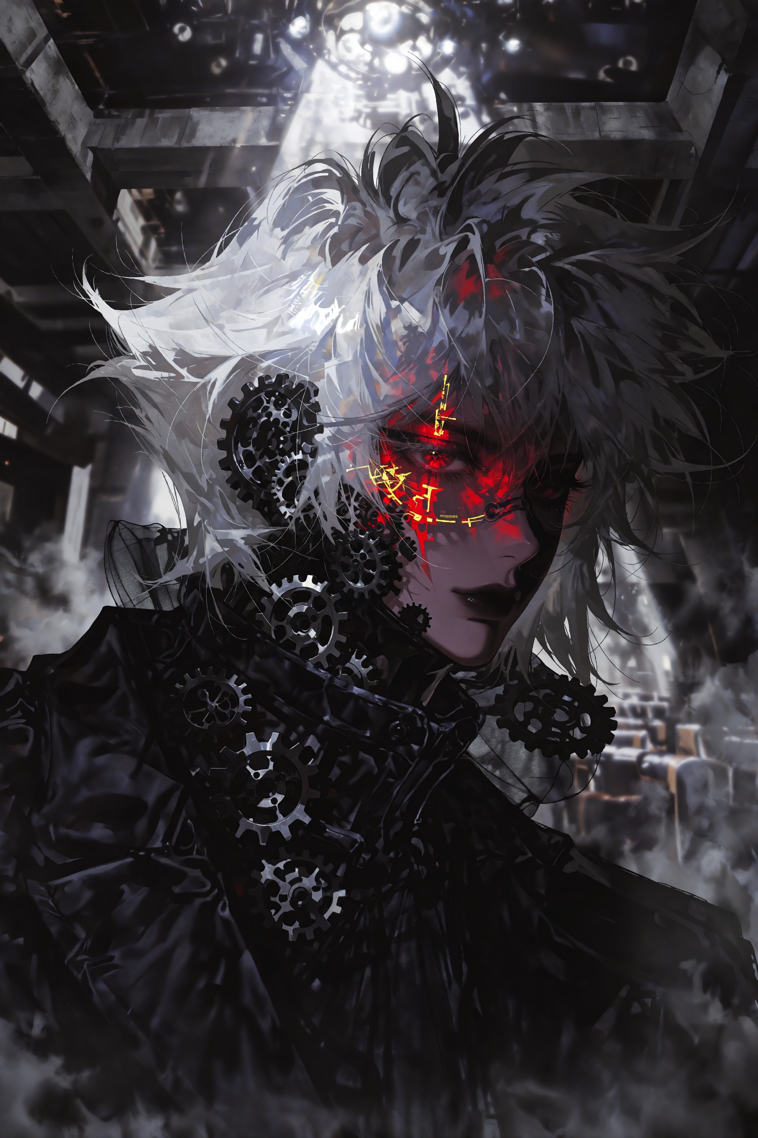 @ZERO9,  A dark avant-garde editorial photograph crossed with dark fantasy anime illustration. A close-up profile shot of...