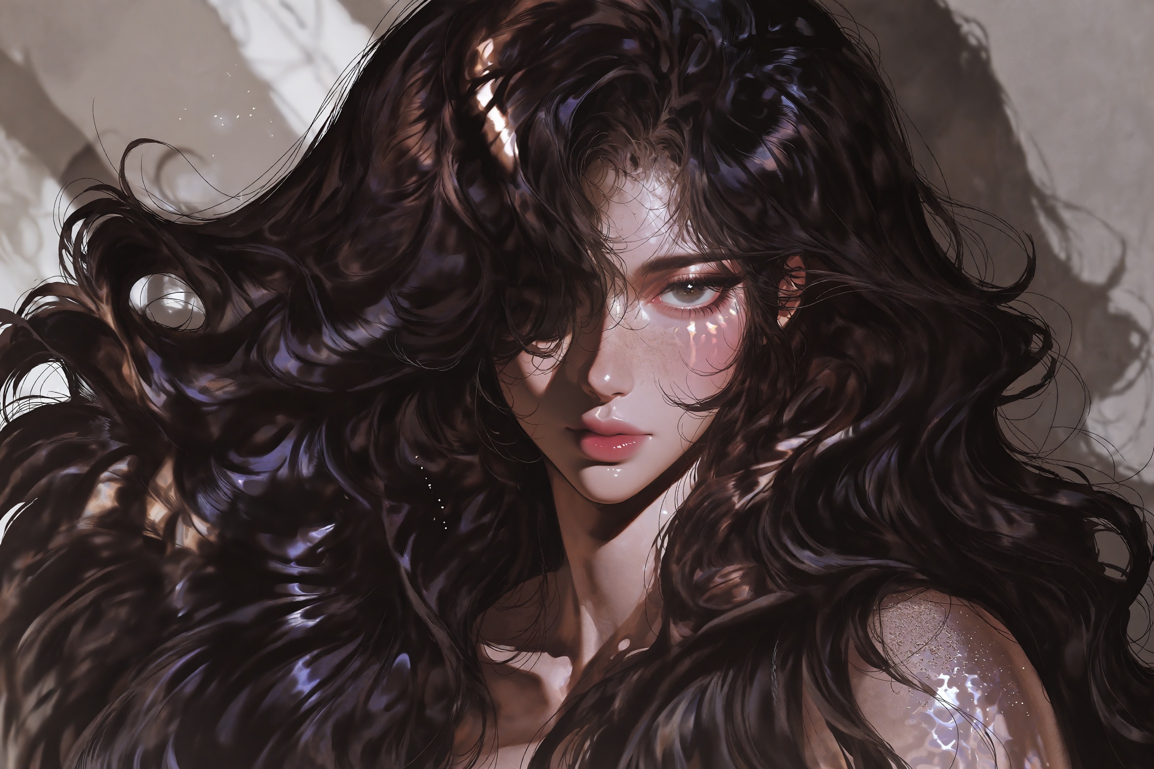 A close-up beauty portrait of a woman enveloped in extraordinarily voluminous,  glossy chocolate-brown hair with massive c...