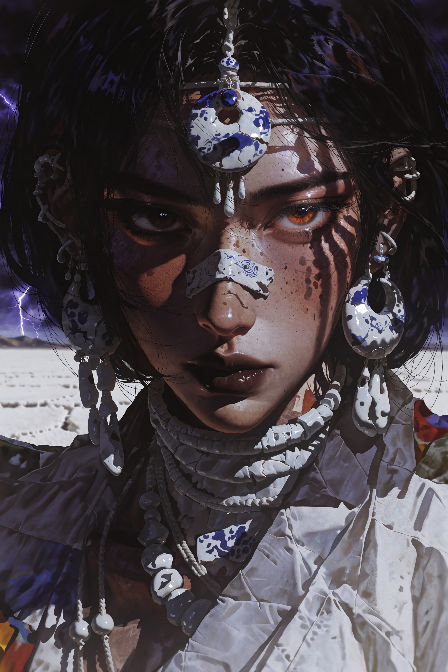@ZERO9,  Avant-garde editorial fashion photography,  extreme close-up cinematic portrait of a young Tibetan woman with hig...