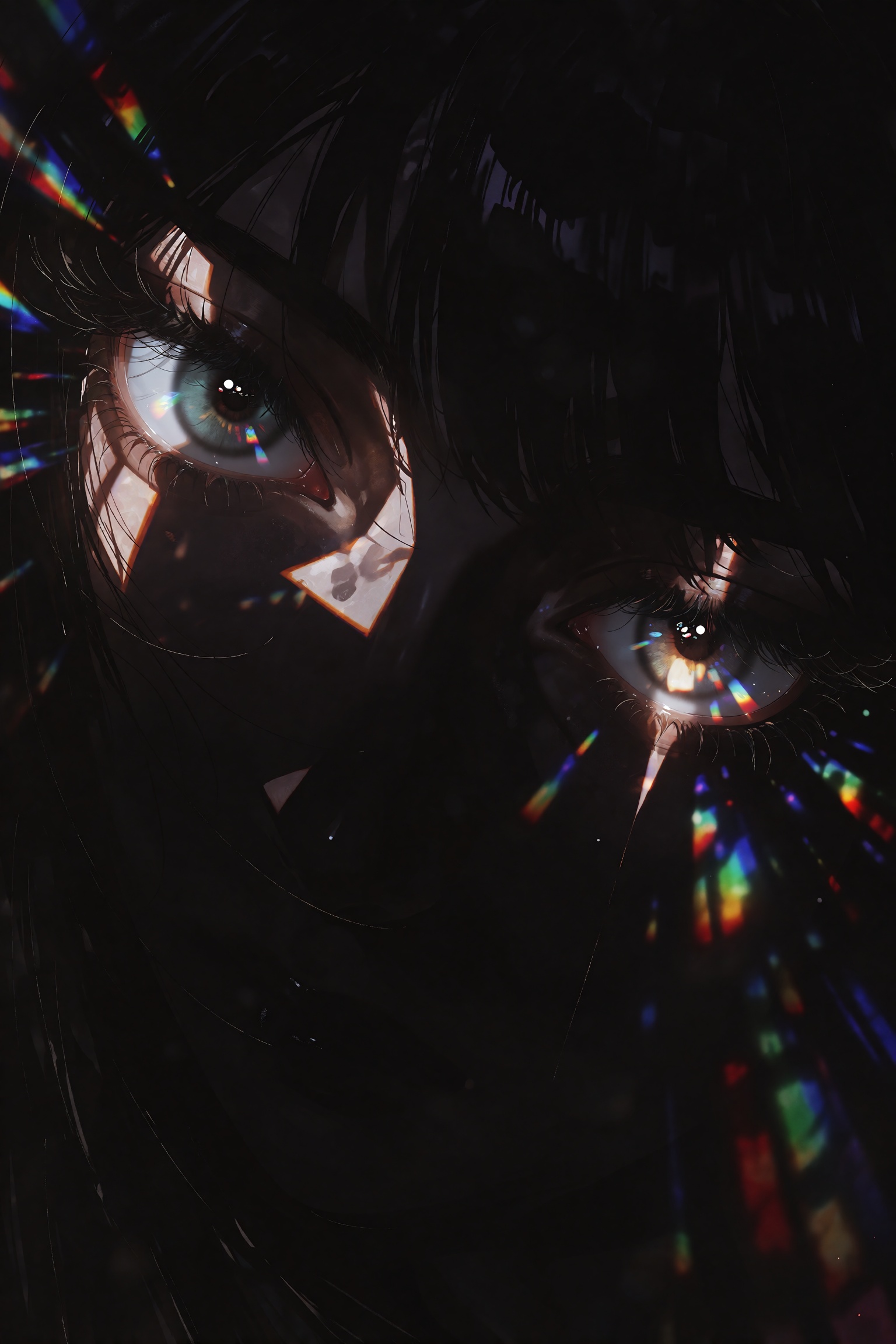 A hauntingly minimalist anime composition of two luminous eyes emerging from absolute pitch-black darkness,  positioned di...