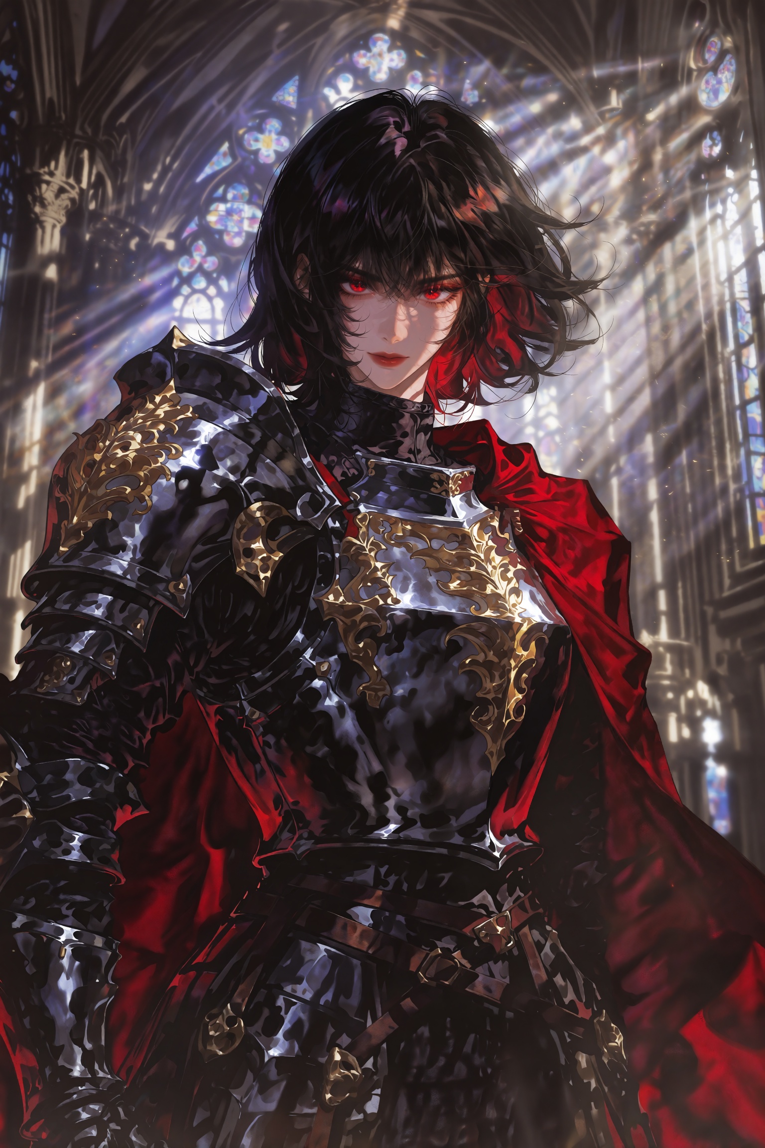 @ZERO9,  A cowboy shot of a female fantasy knight standing inside a cathedral,  looking at the viewer. She is a tomboy wit...