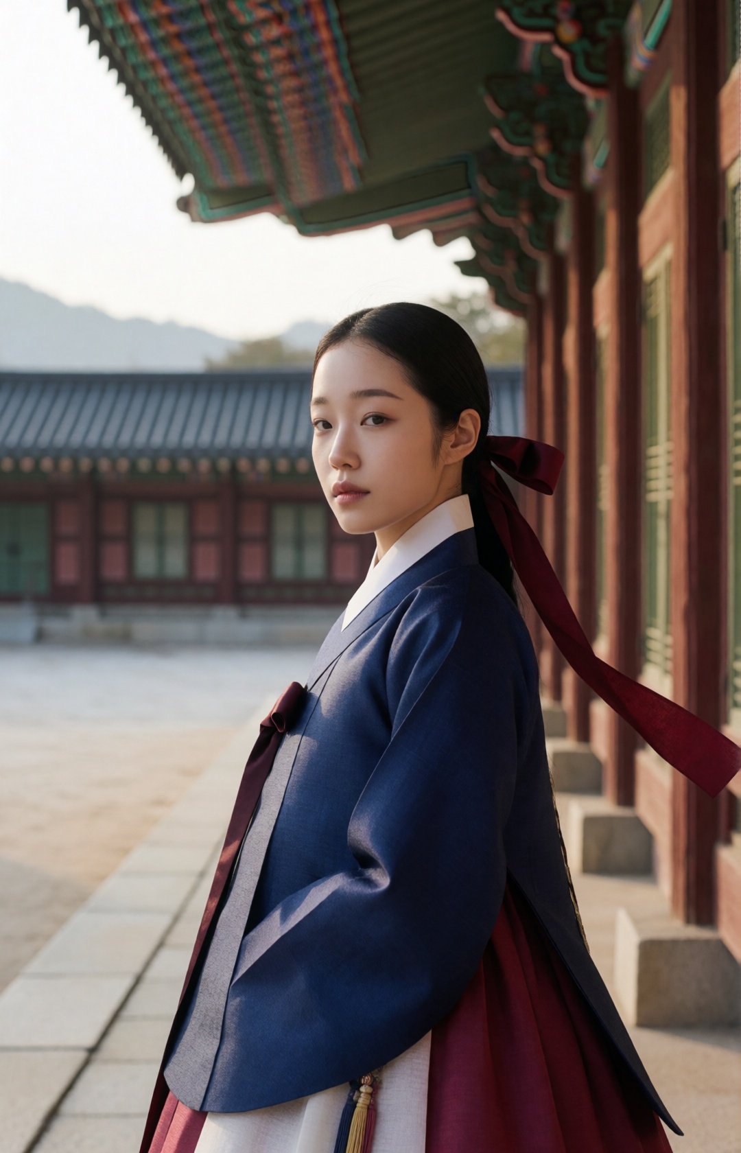 cinematic Joseon dynasty palace editorial,  strikingly beautiful young Korean woman,  captivating beauty on Tensor.Art