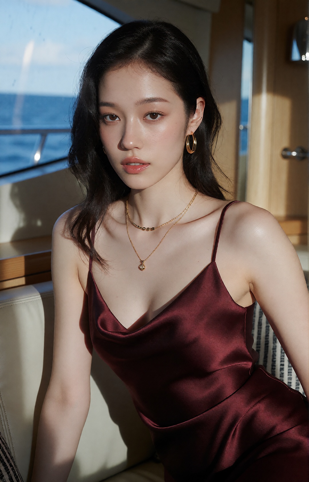 luxury evening fashion editorial,  naturally elegant young korean woman,  sitting on a cream leather couch in a yacht cabi...